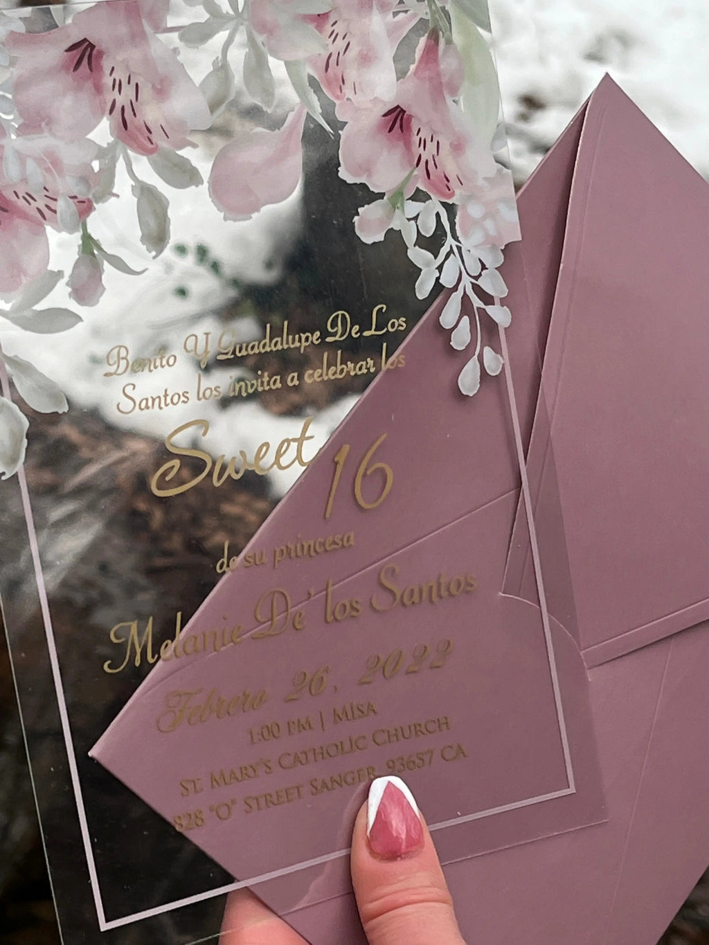 Sweet 16 Invitations with Clear Acrylic Card and Blush Envelope LunaInvites