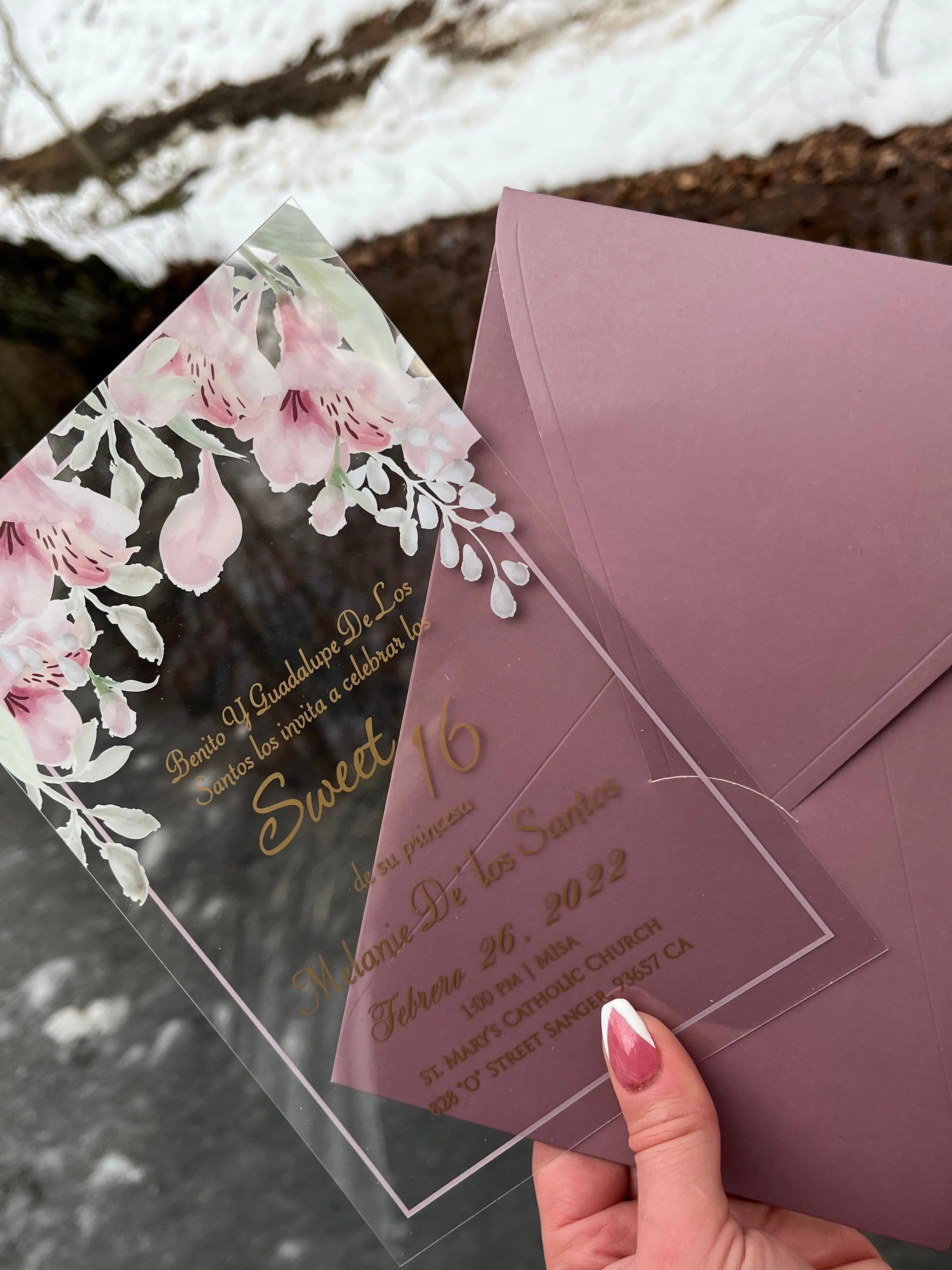 Sweet 16 Invitations with Clear Acrylic Card and Blush Envelope LunaInvites