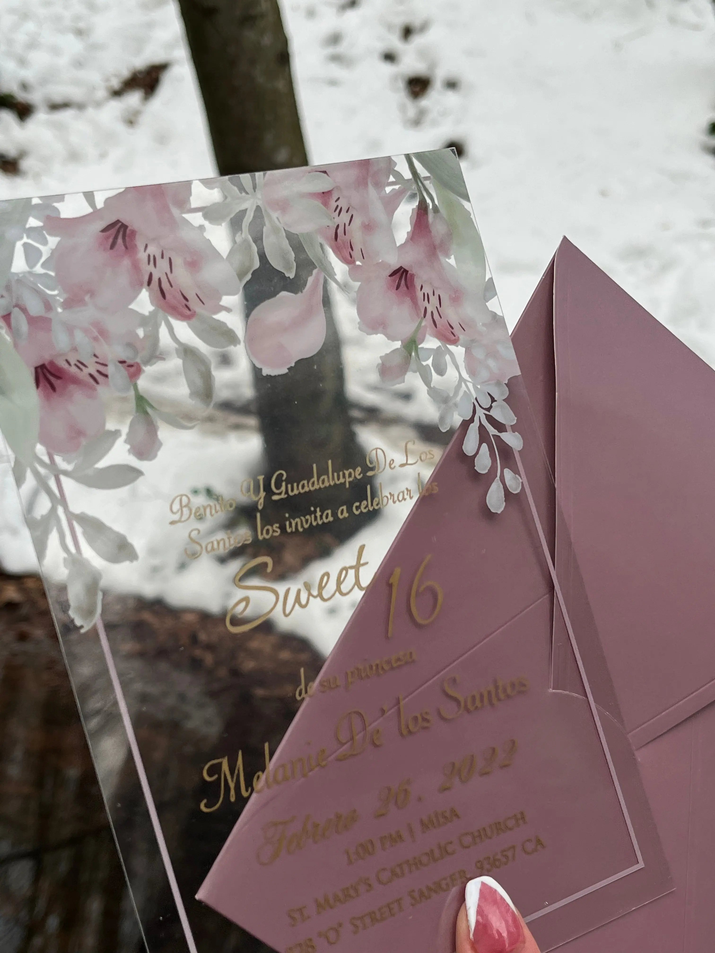 Sweet 16 Invitations with Clear Acrylic Card and Blush Envelope LunaInvites