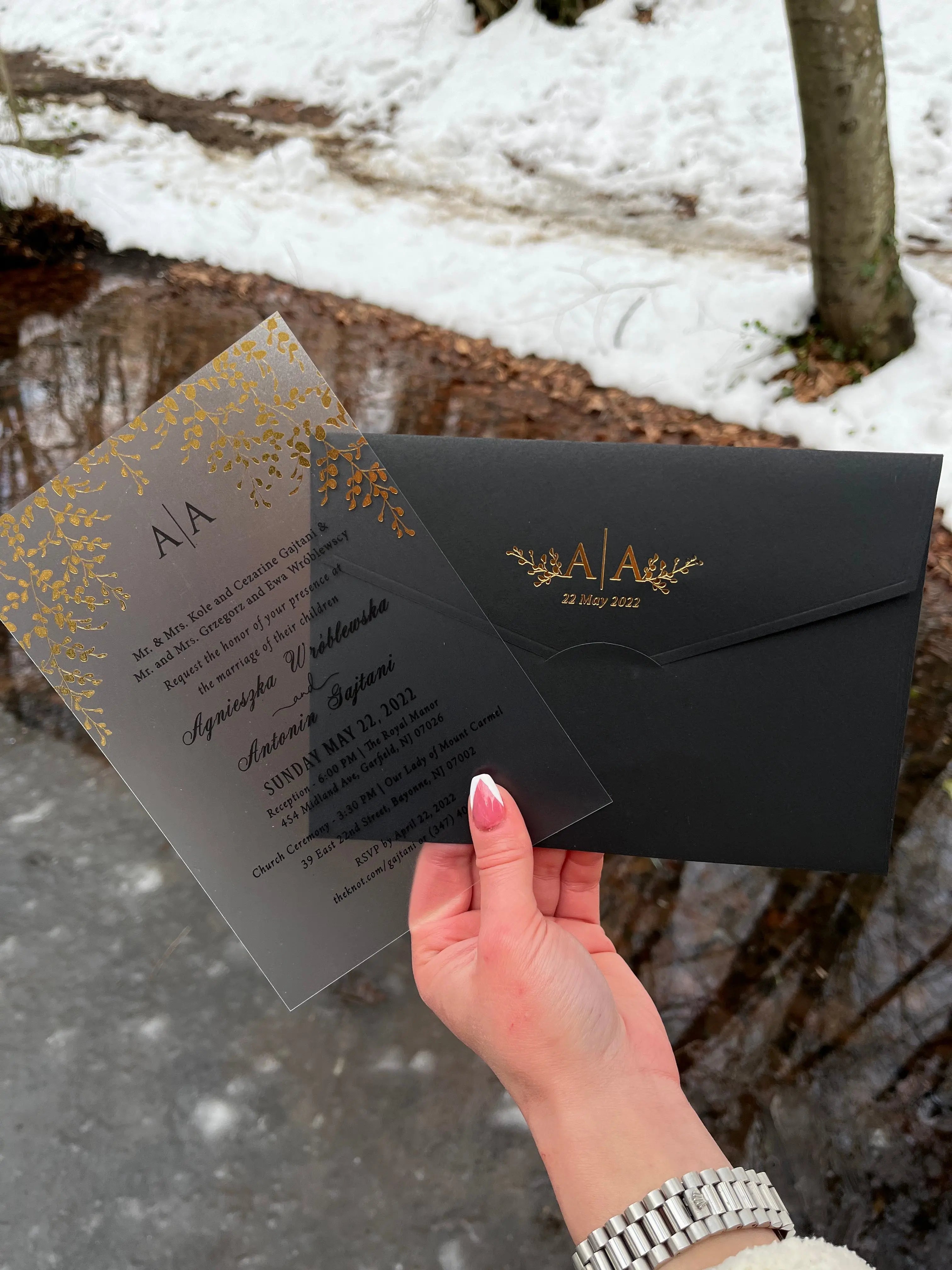Black Acrylic Wedding Invitation with Matte Clear Card and Black Envelope LunaInvites