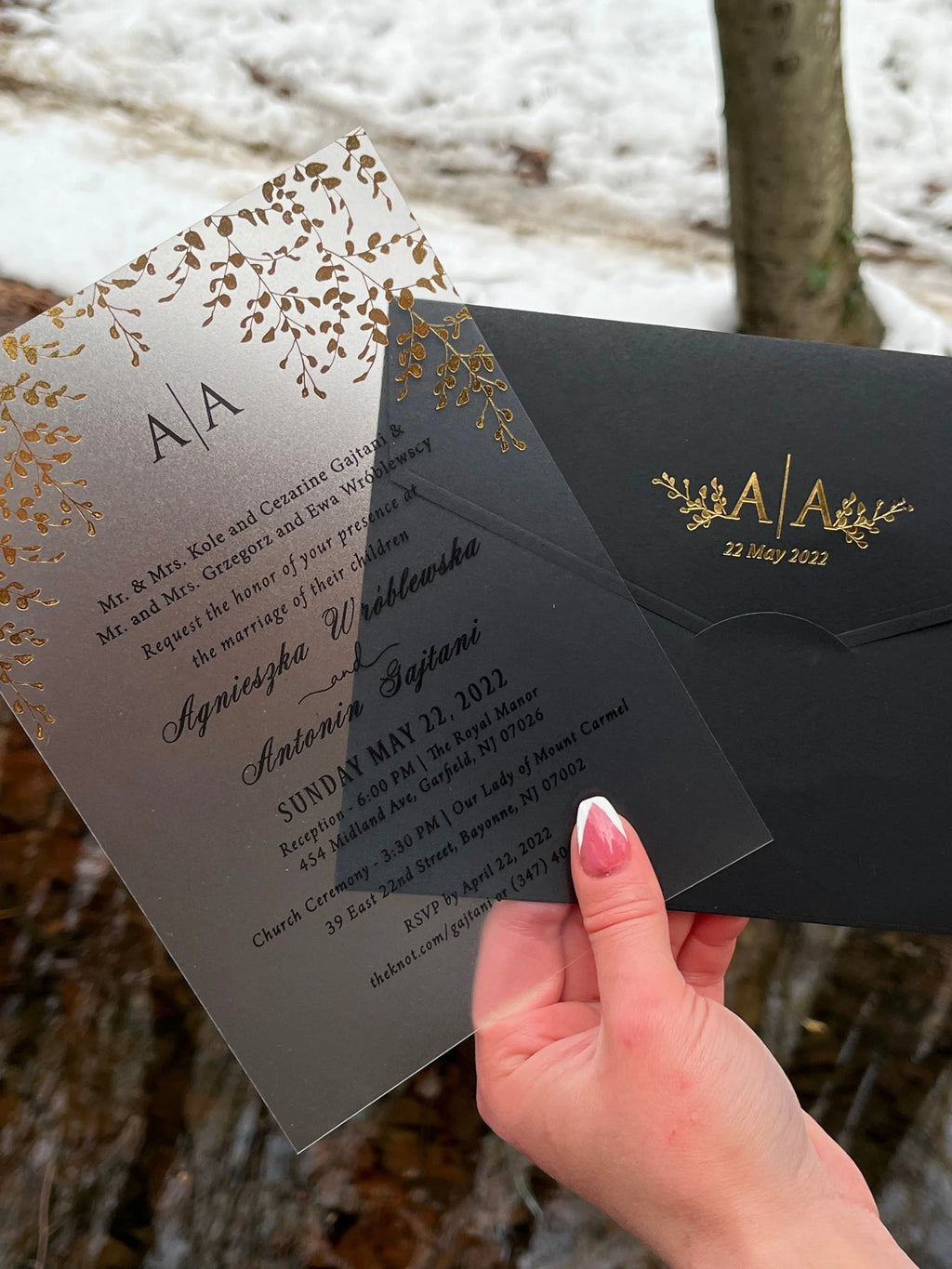 Black Acrylic Wedding Invitation with Matte Clear Card and Black Envelope LunaInvites