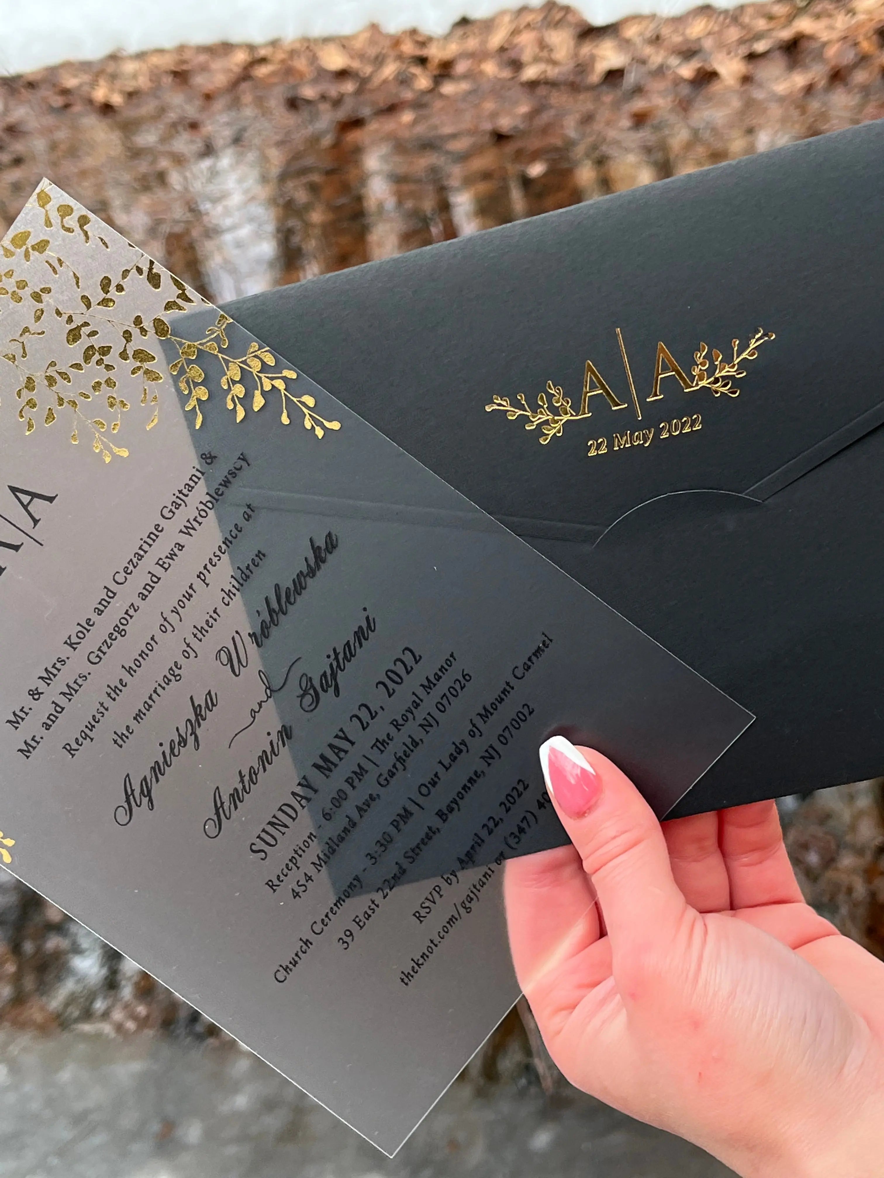 Black Acrylic Wedding Invitation with Matte Clear Card and Black Envelope LunaInvites
