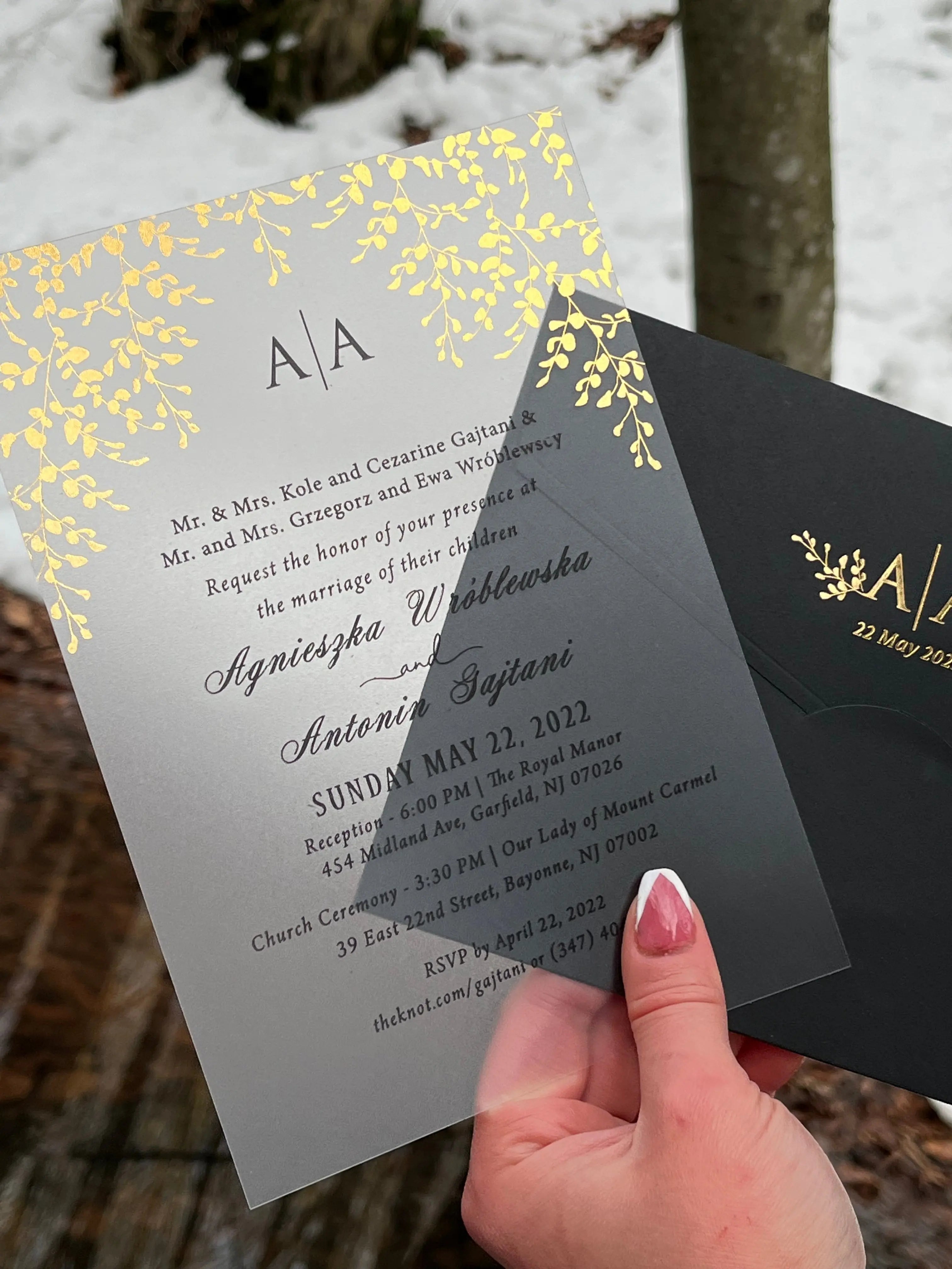 Black Acrylic Wedding Invitation with Matte Clear Card and Black Envelope LunaInvites