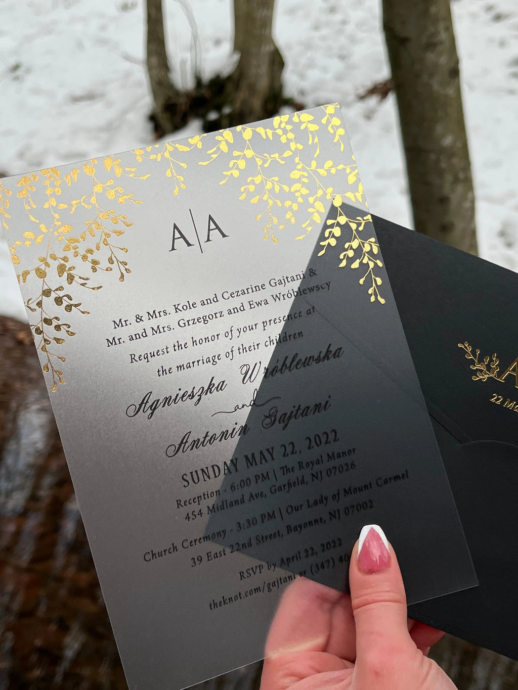 Black Acrylic Wedding Invitation with Matte Clear Card and Black Envelope LunaInvites
