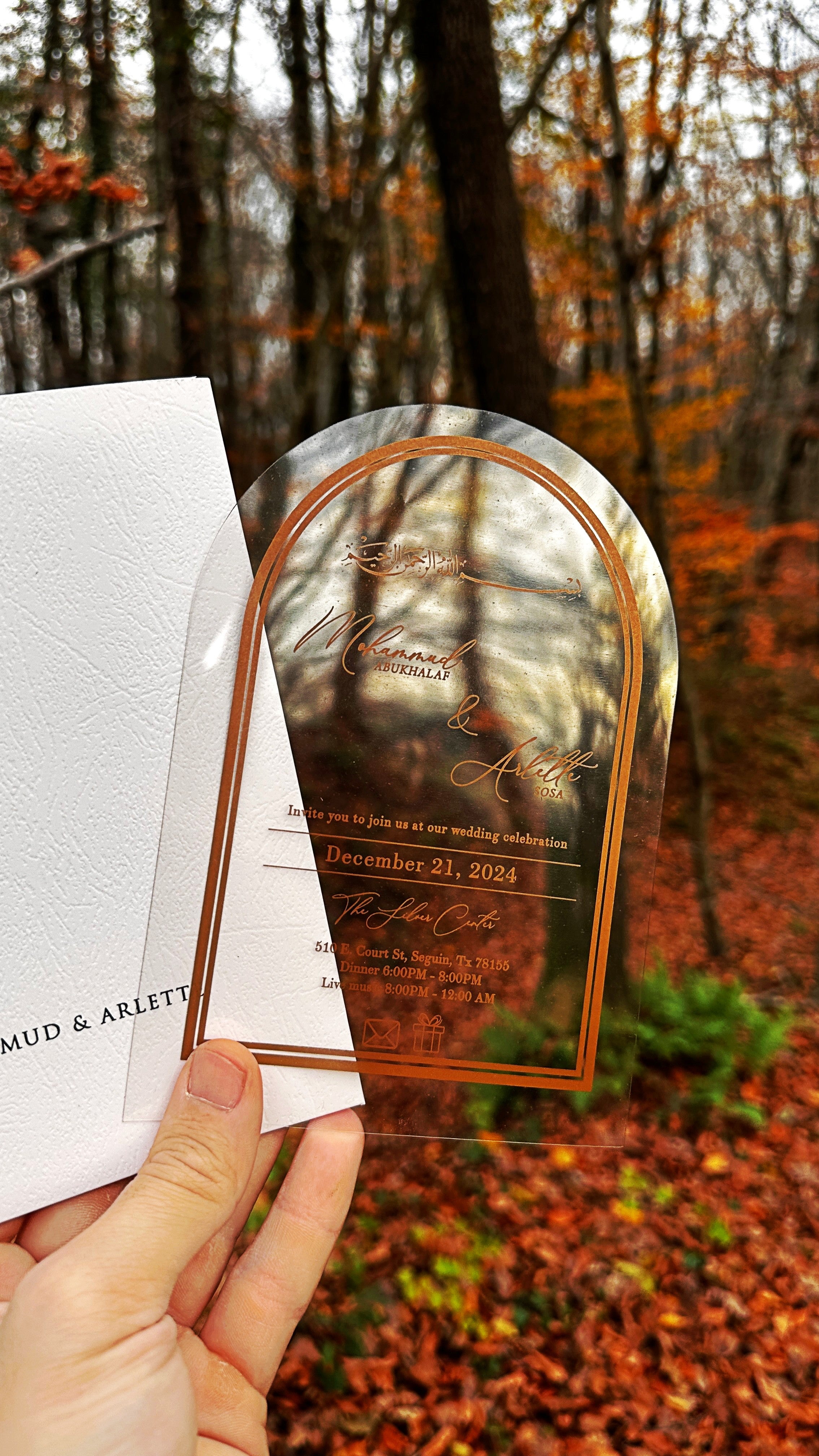 Arched Acrylic Wedding Invitation with Gold Print and White Envelope - LunaInvites