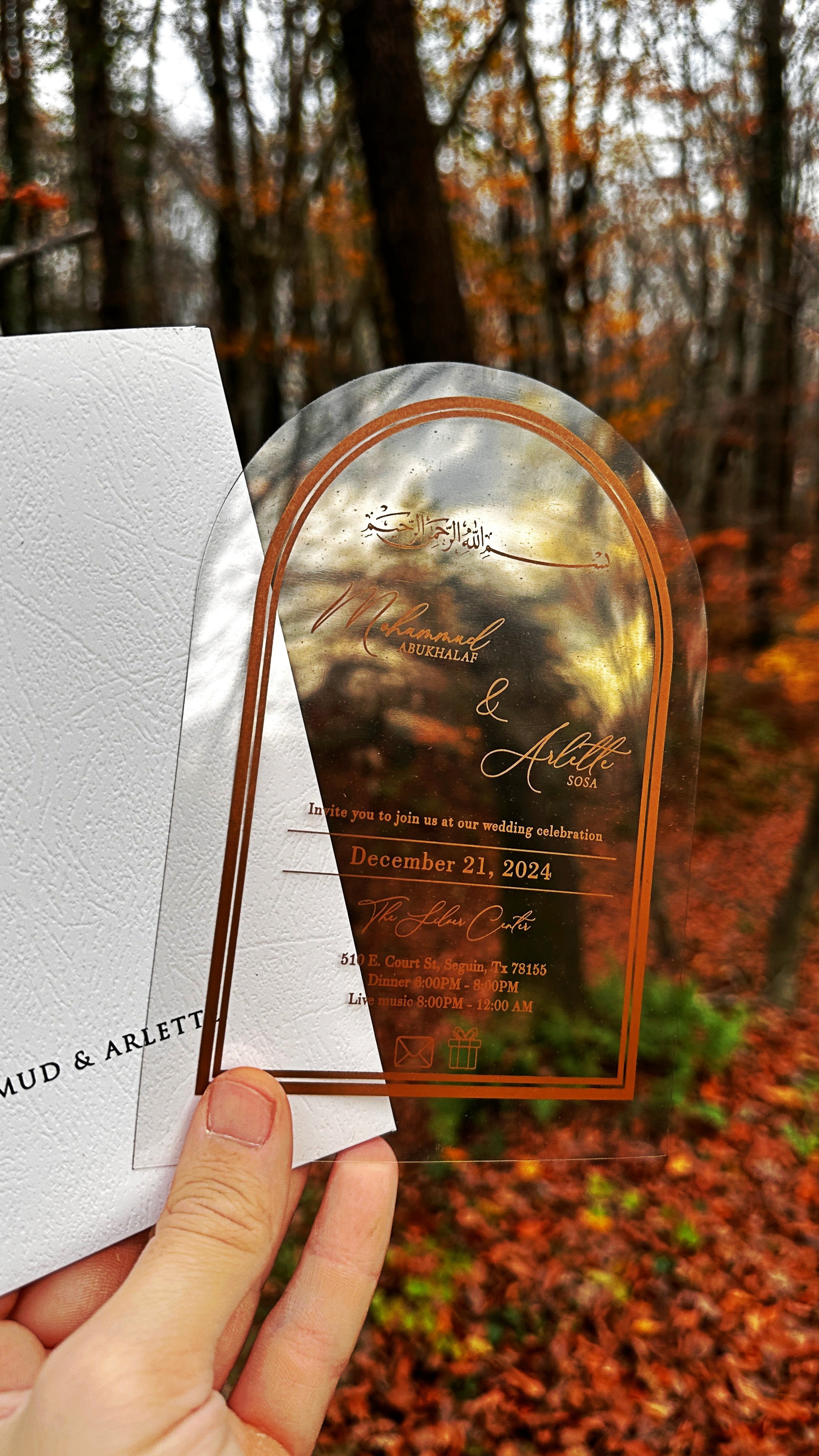 Arched Acrylic Wedding Invitation with Gold Print and White Envelope - LunaInvites