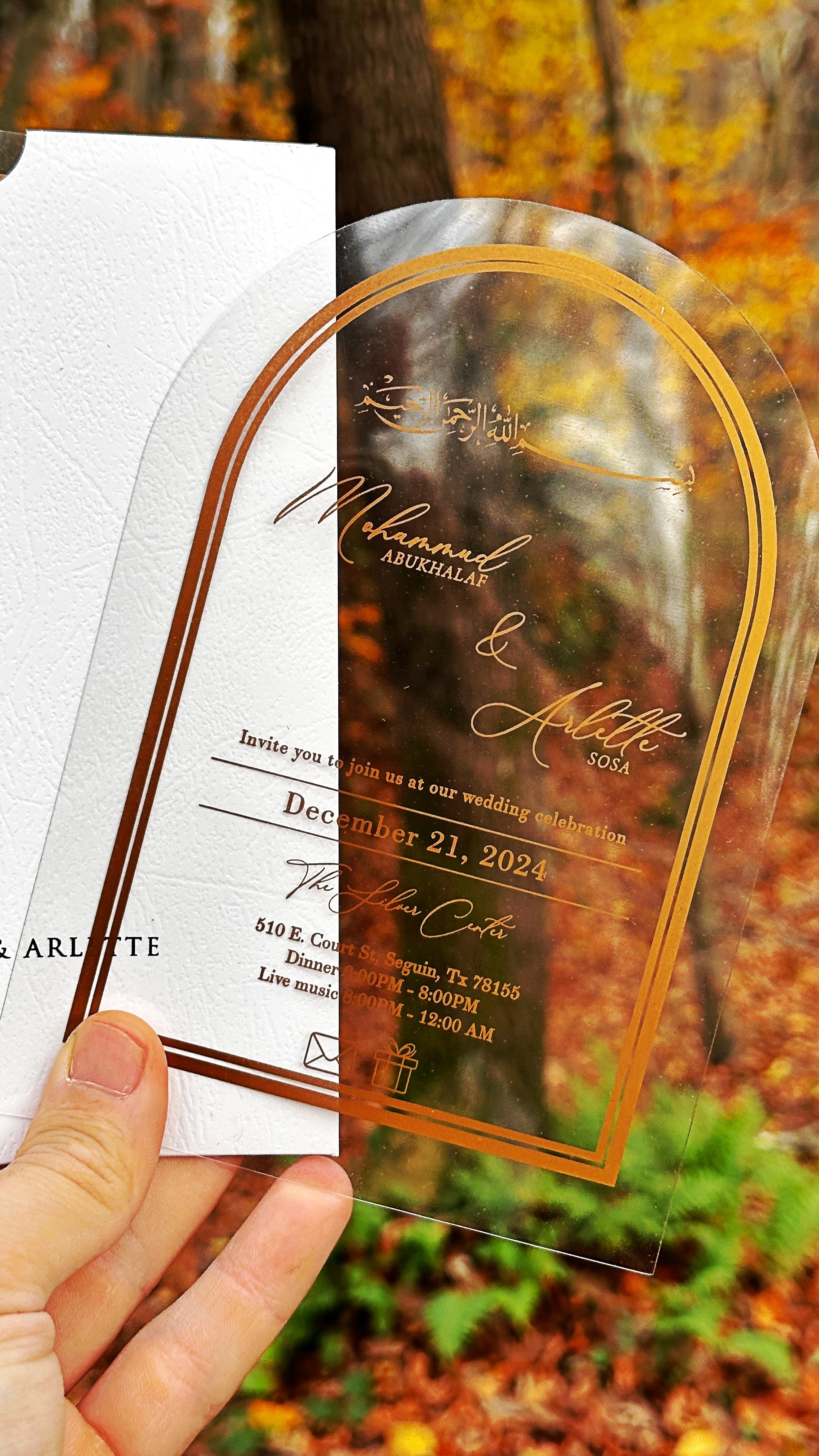 Arched Acrylic Wedding Invitation with Gold Print and White Envelope - LunaInvites