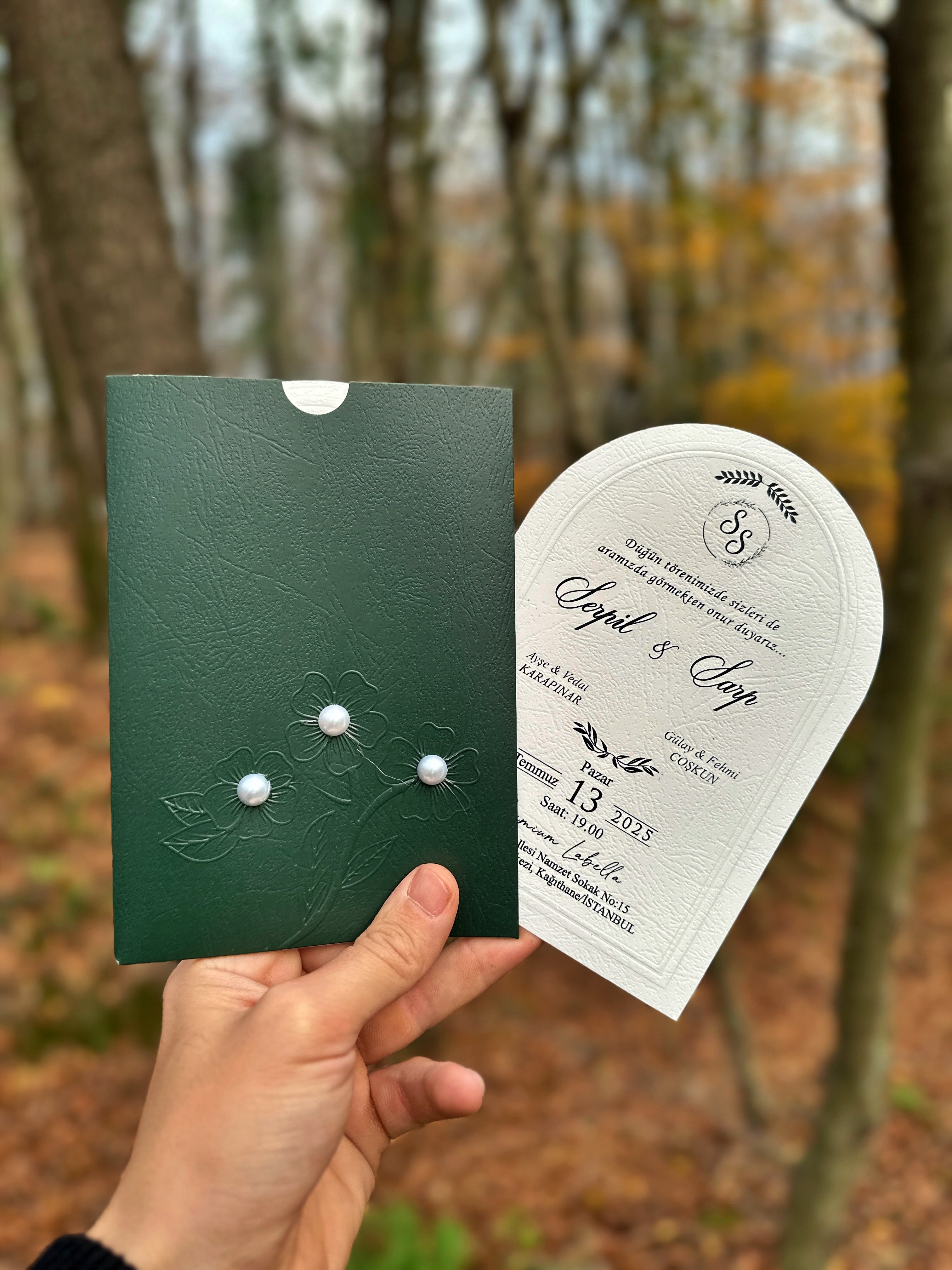 Arched Wedding Invitation with Green Envelope and Pearl Detail - LunaInvites