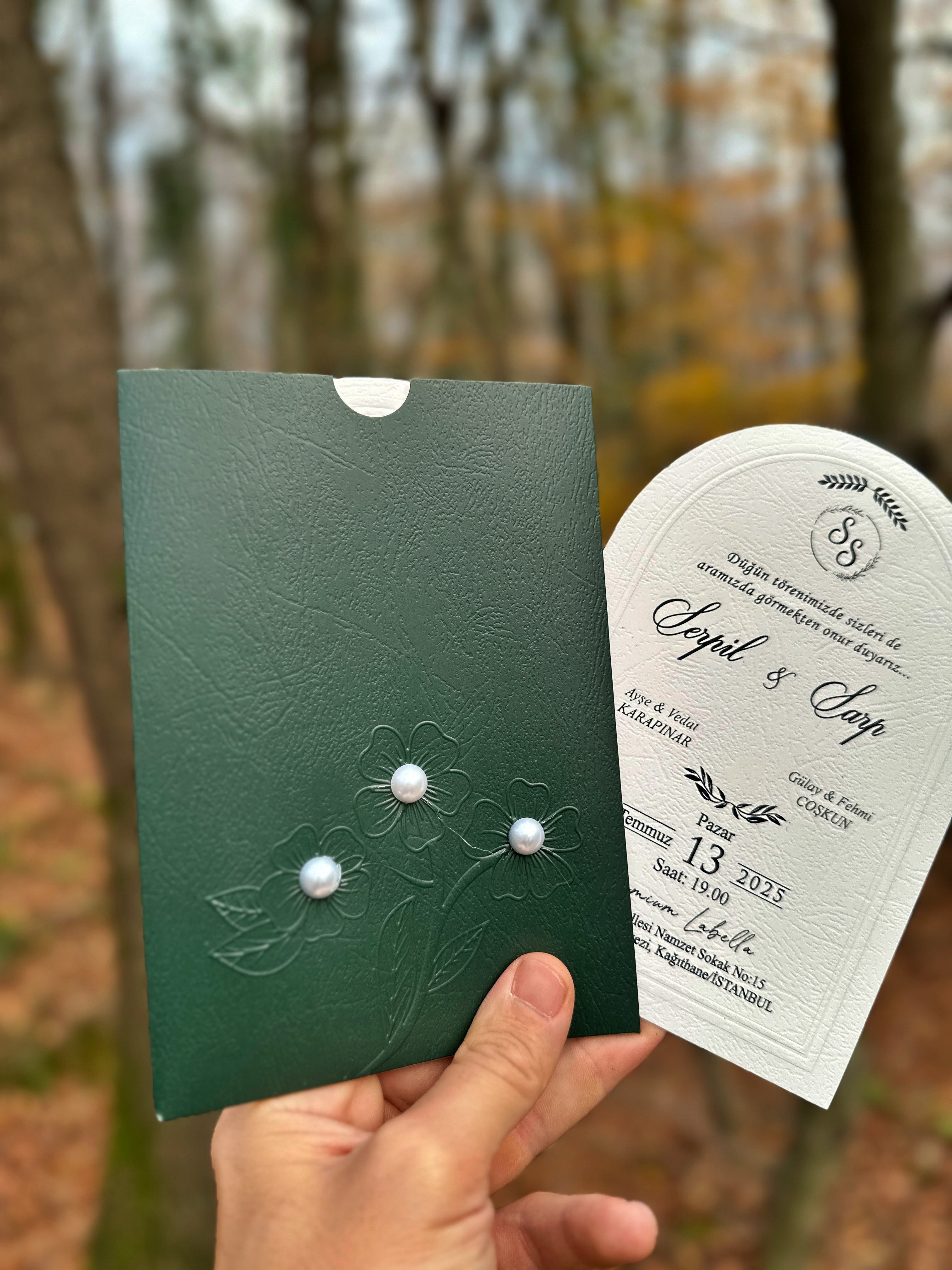 Arched Wedding Invitation with Green Envelope and Pearl Detail - LunaInvites