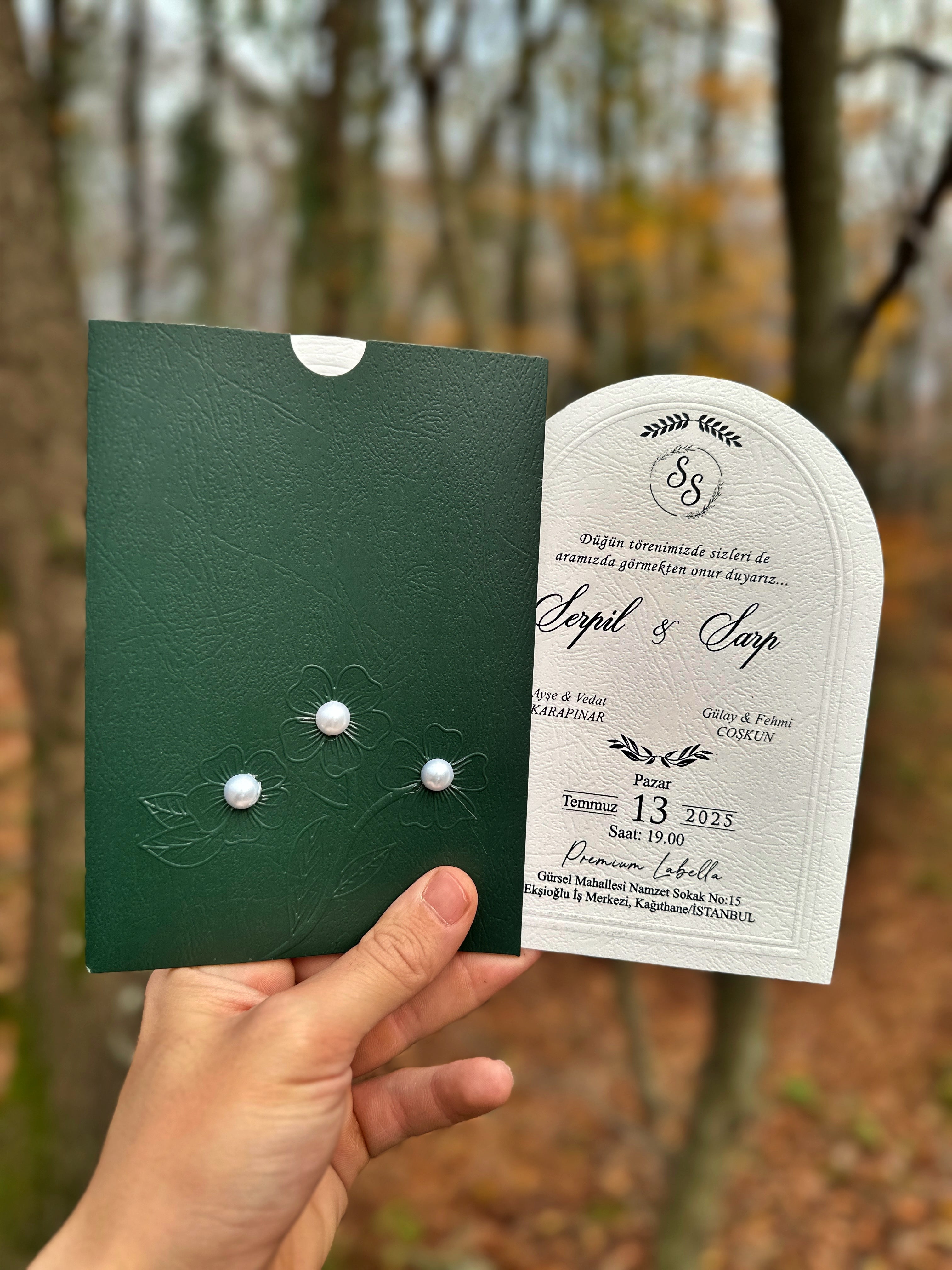 Arched Wedding Invitation with Green Envelope and Pearl Detail - LunaInvites
