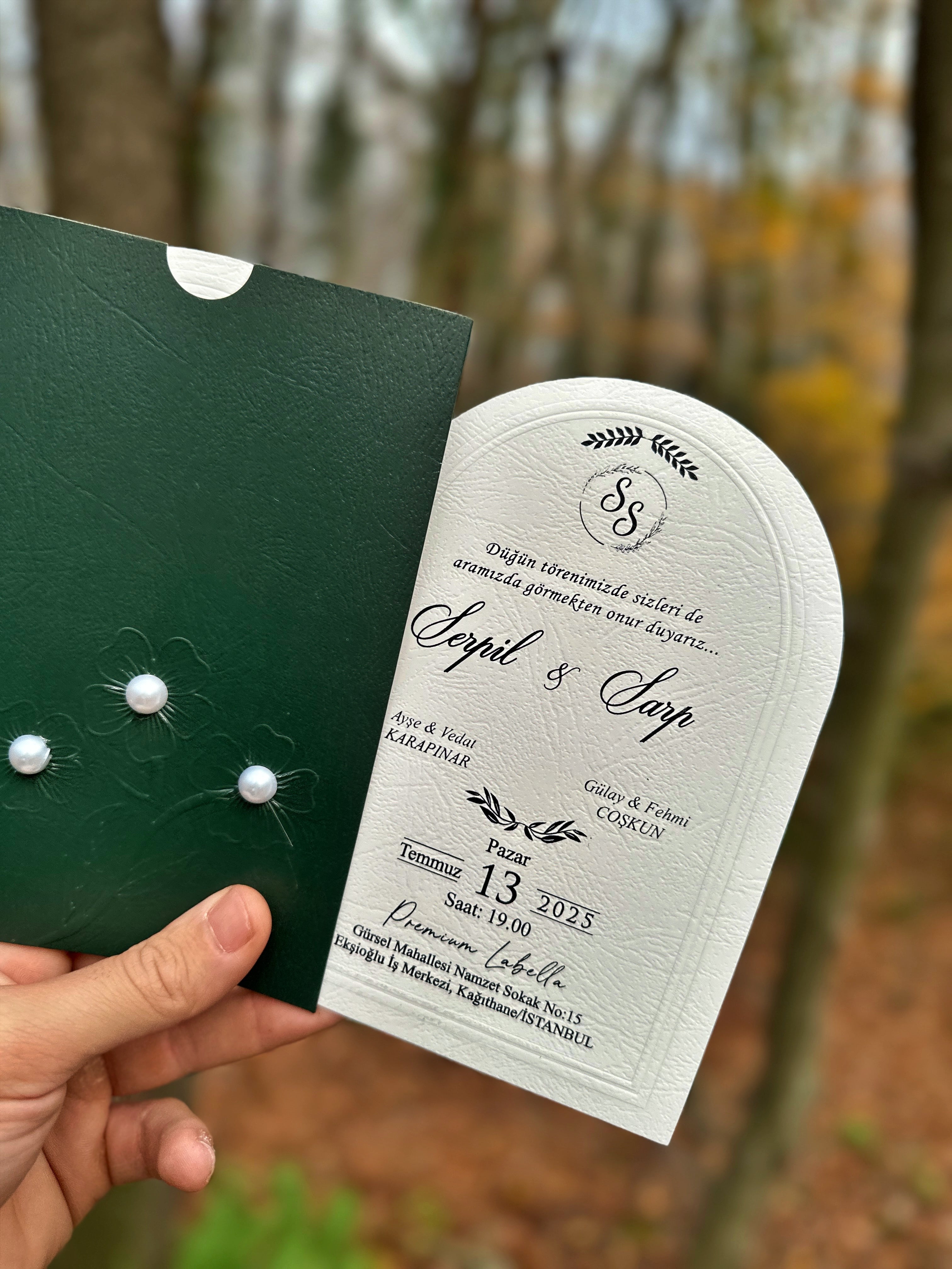 Arched Wedding Invitation with Green Envelope and Pearl Detail - LunaInvites