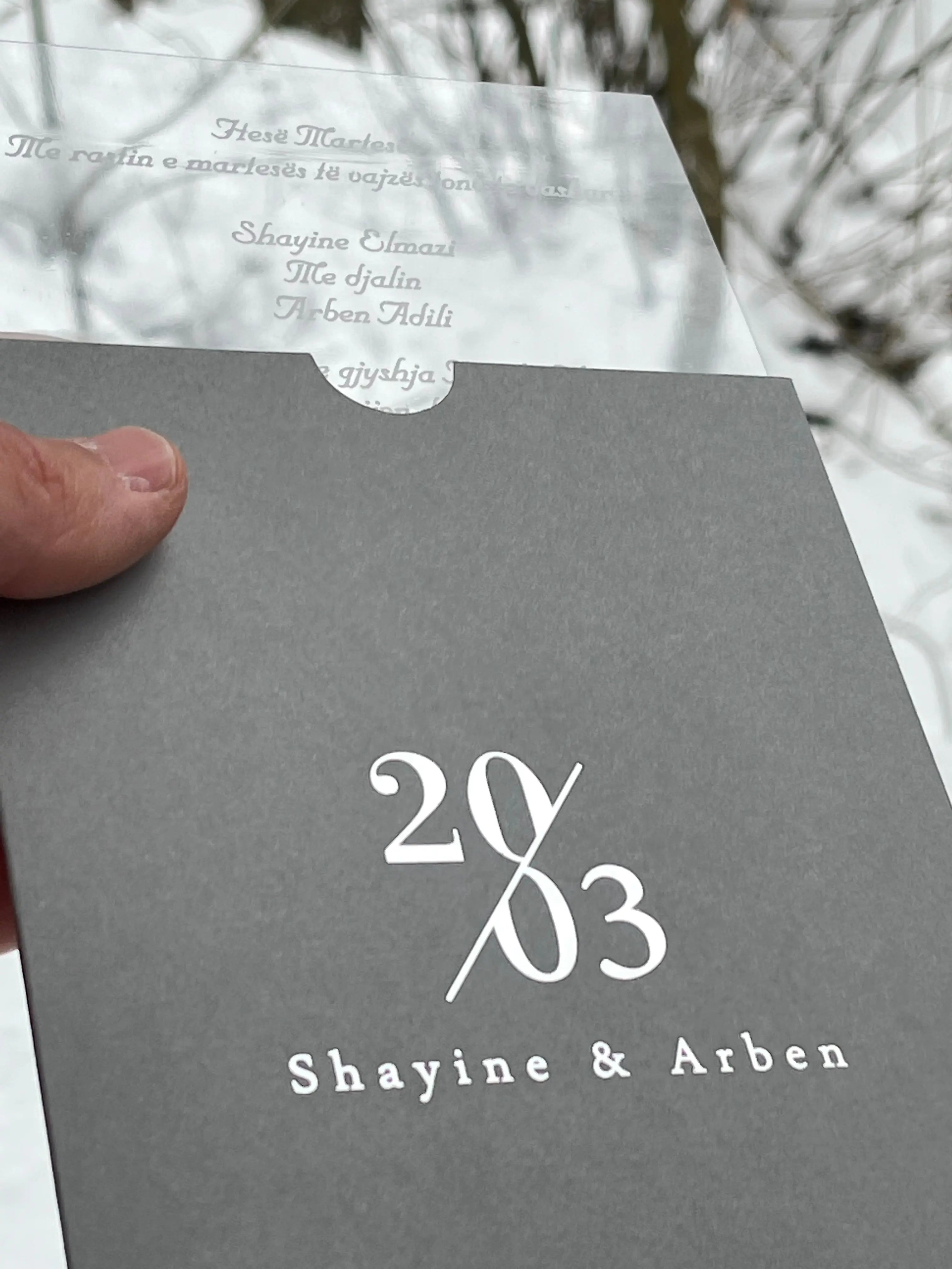 Clear Acrylic Wedding Invitation with Gray Envelope & White Print LunaInvites