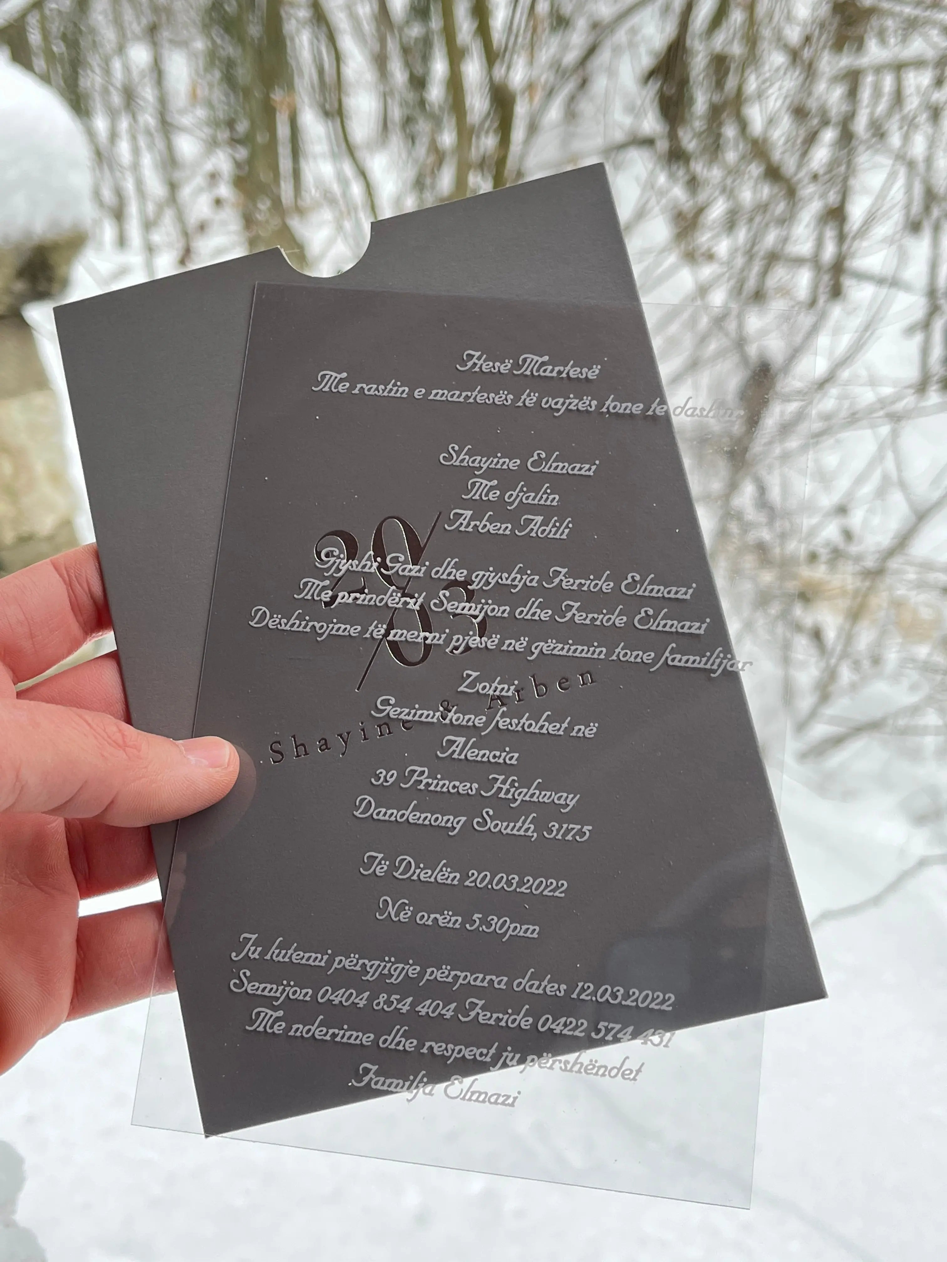 Clear Acrylic Wedding Invitation with Gray Envelope & White Print LunaInvites