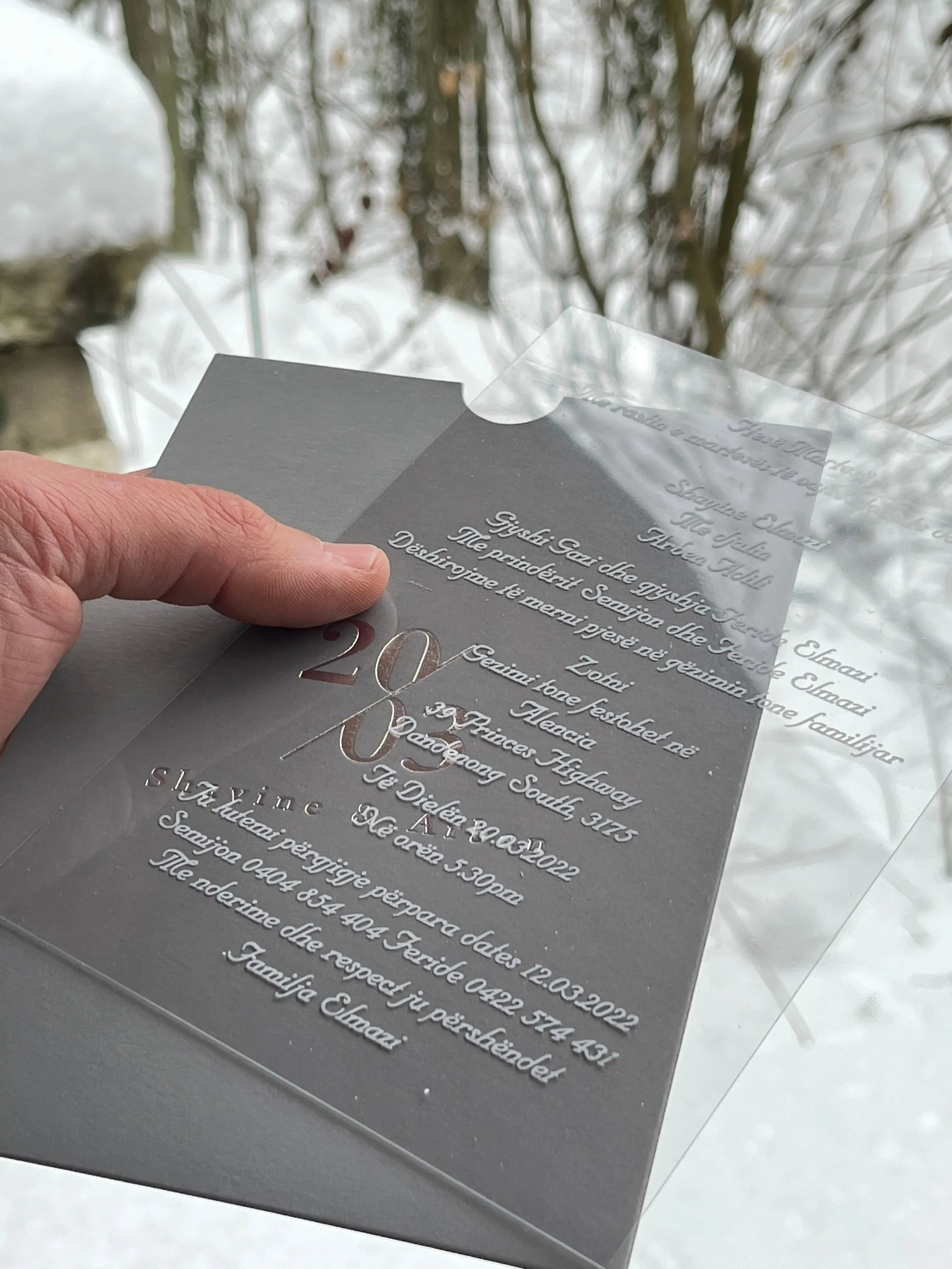 Clear Acrylic Wedding Invitation with Gray Envelope & White Print LunaInvites