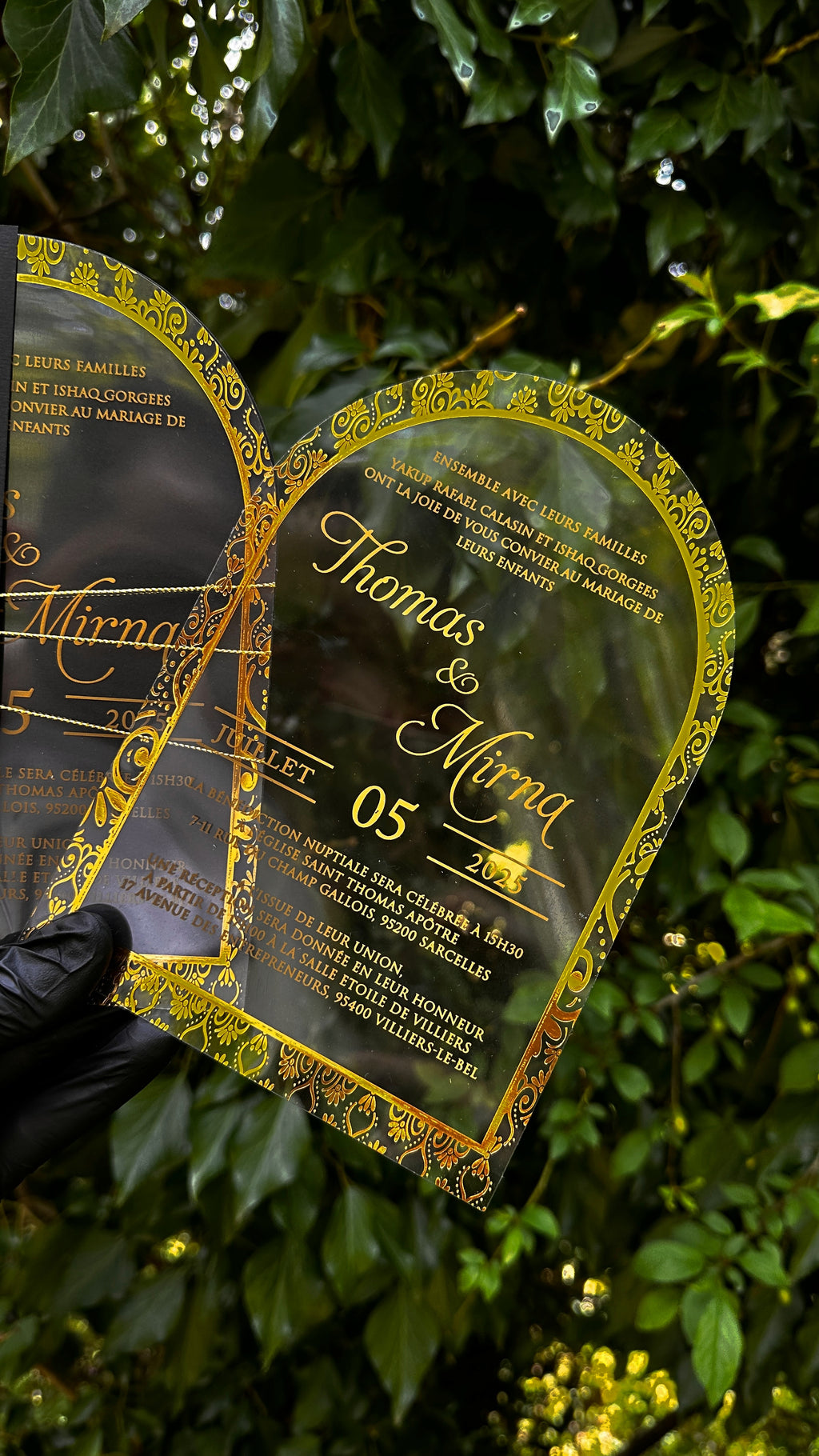 Luxury Arched Gold Acrylic Invitation with Black Envelope & Wax Seal - LunaInvites