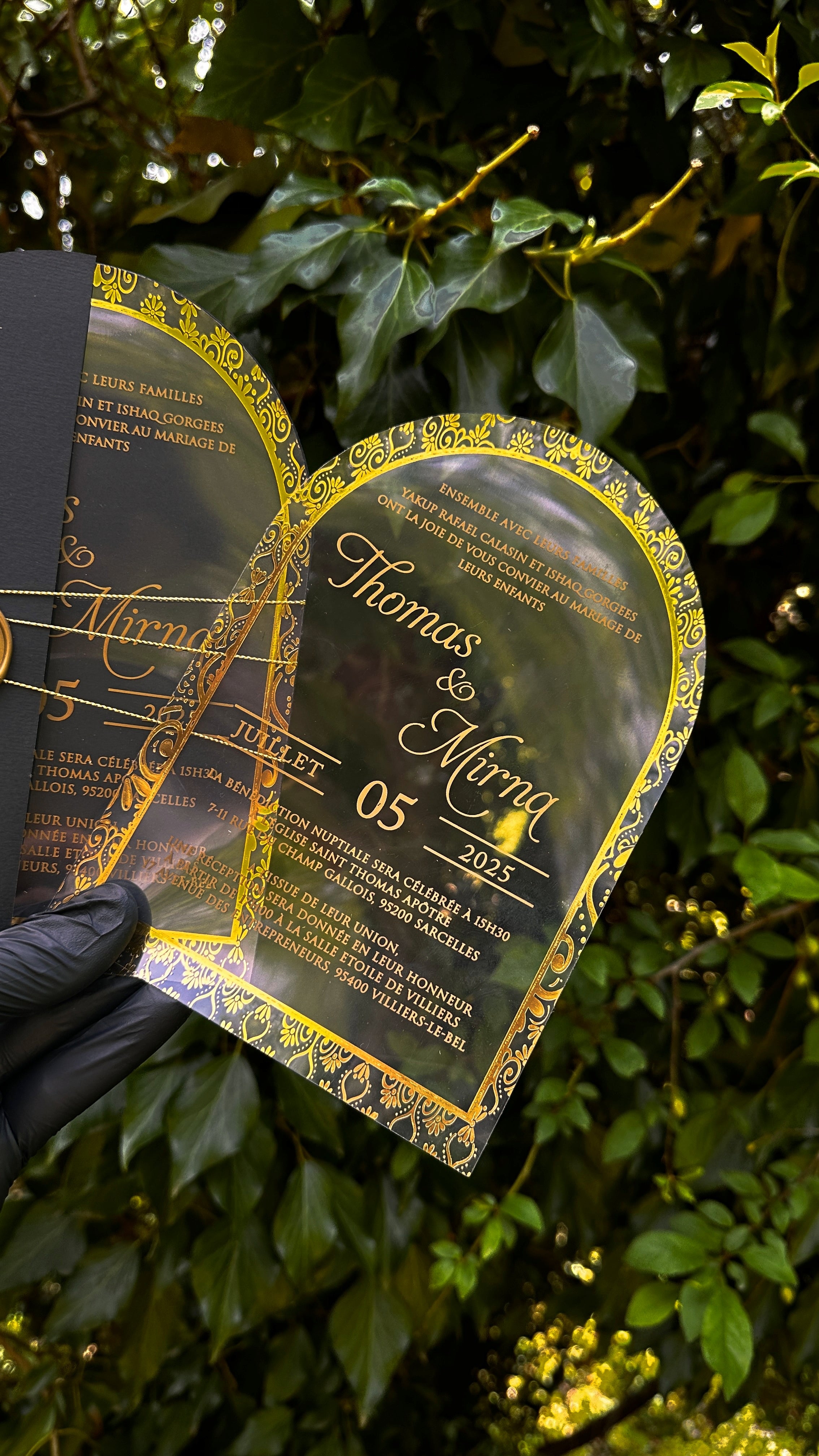 Luxury Arched Gold Acrylic Invitation with Black Envelope & Wax Seal - LunaInvites