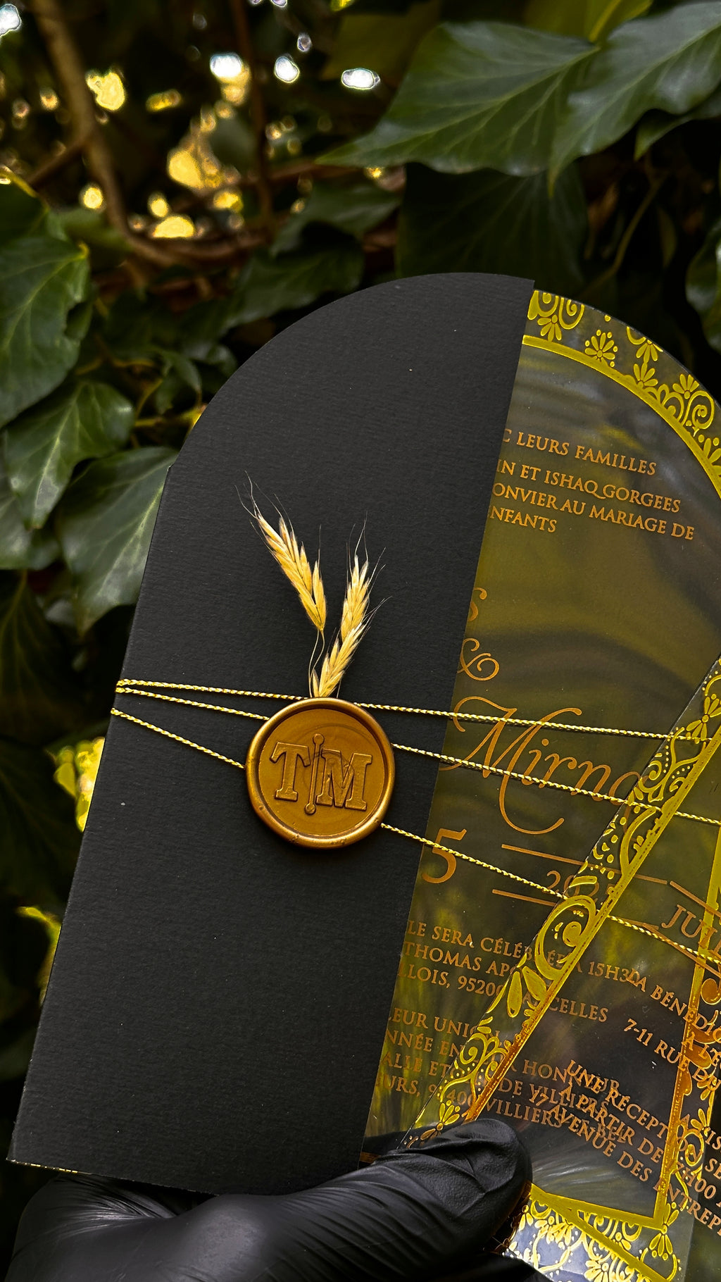 Luxury Arched Gold Acrylic Invitation with Black Envelope & Wax Seal - LunaInvites