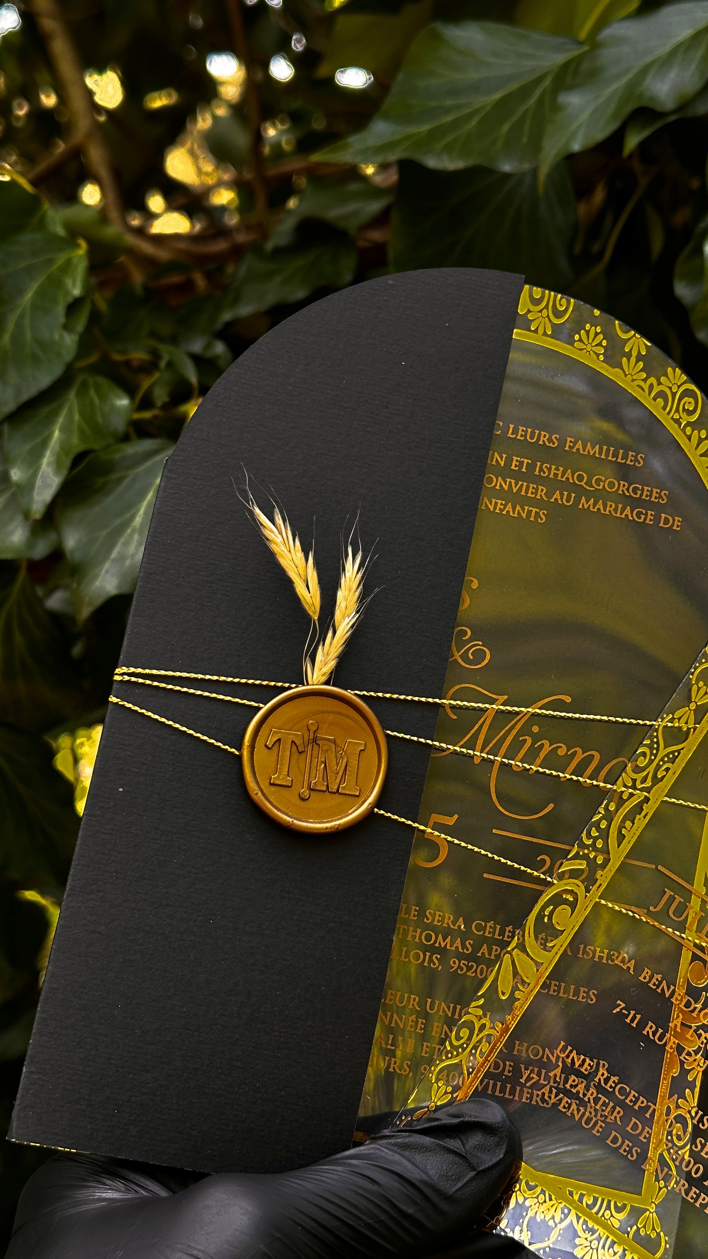 Luxury Arched Gold Acrylic Invitation with Black Envelope & Wax Seal - LunaInvites