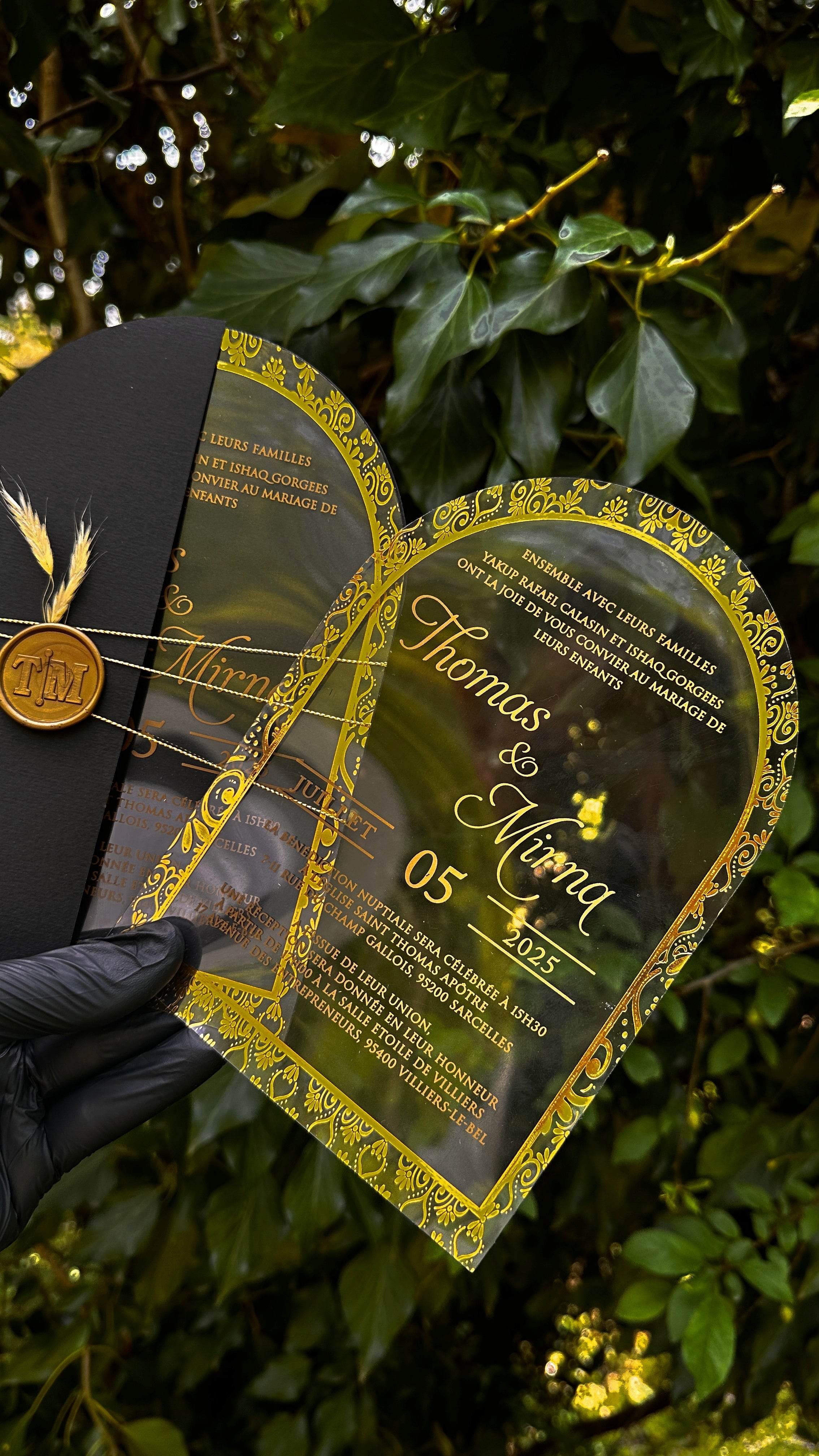 Luxury Arched Gold Acrylic Invitation with Black Envelope & Wax Seal - LunaInvites