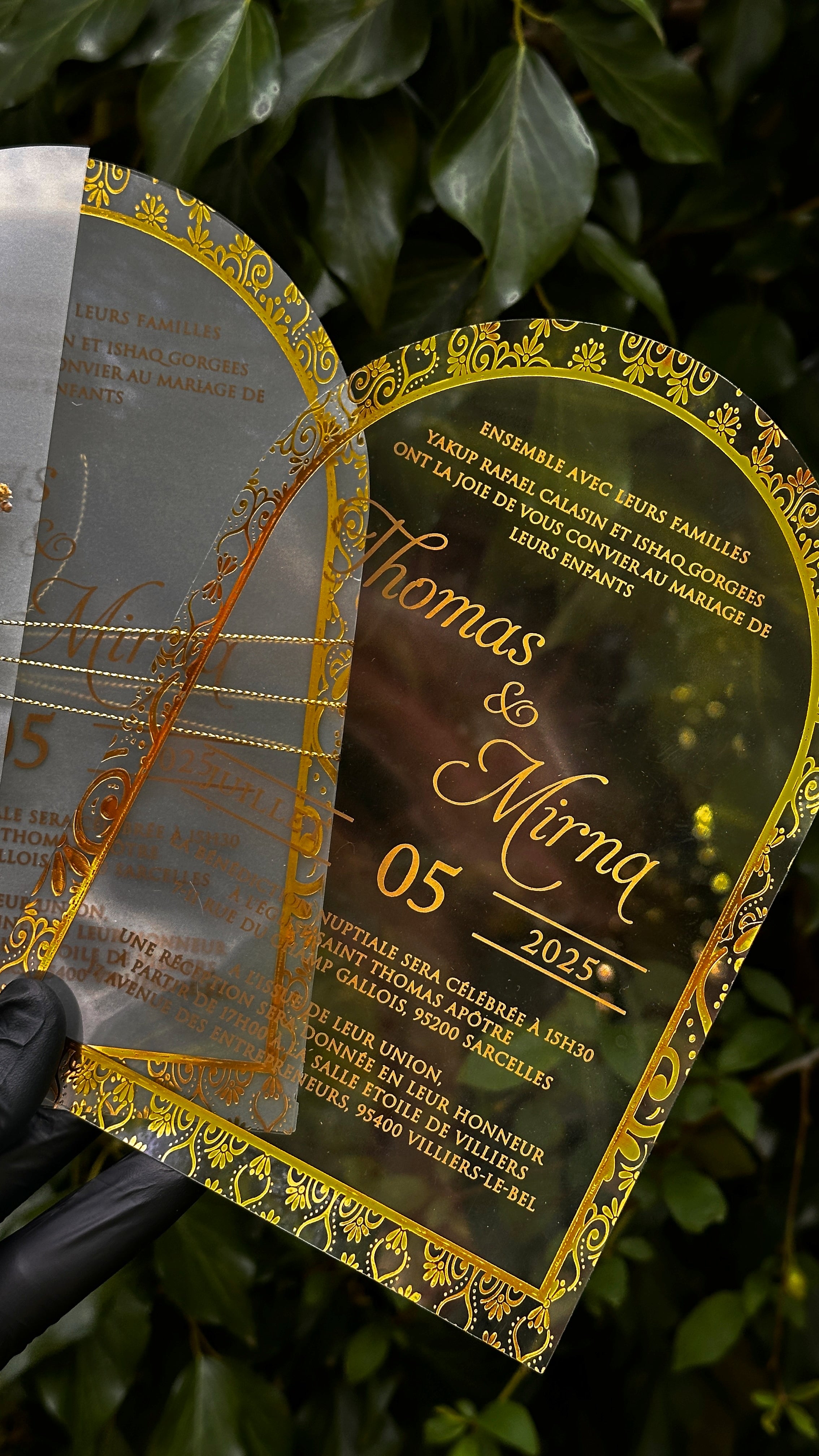 Gold Arch Acrylic Wedding Invitation with Transparent Envelope & Wax Seal - LunaInvites
