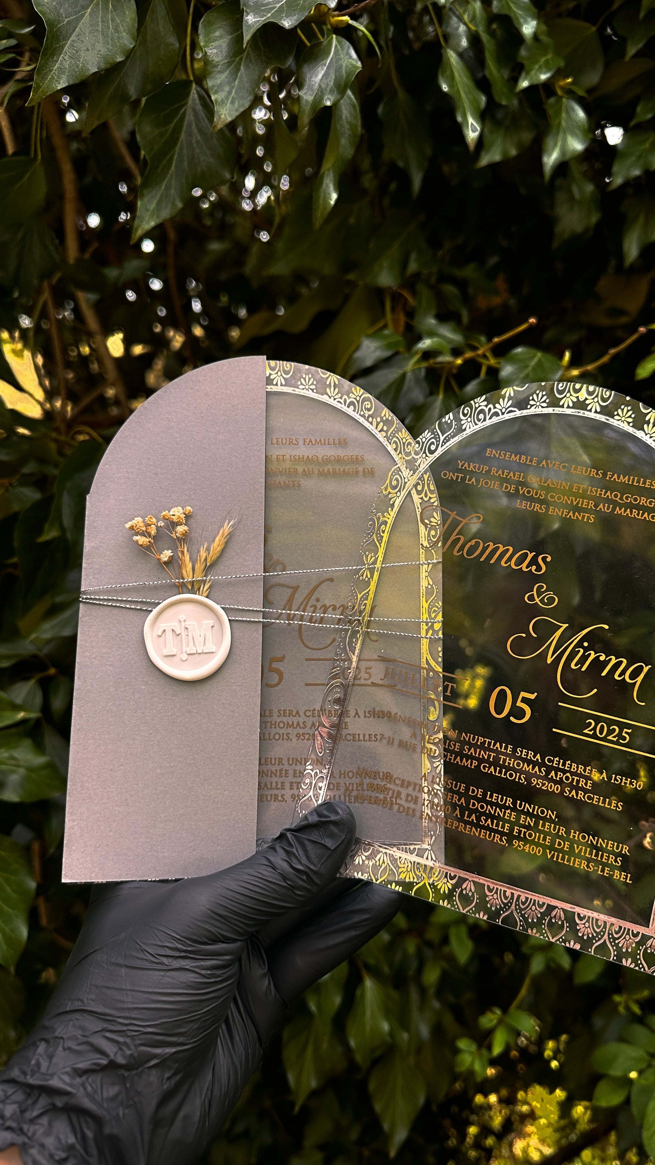 Arch Acrylic Wedding Invitations with Gray Envelope, Gold Foil & White Wax Seal - LunaInvites