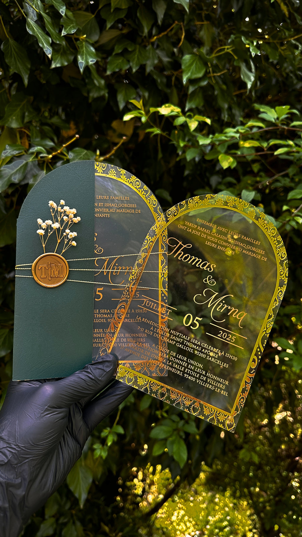 Arch Acrylic Wedding Invitations with Green Envelope, Gold Foil & Wax Seal - LunaInvites