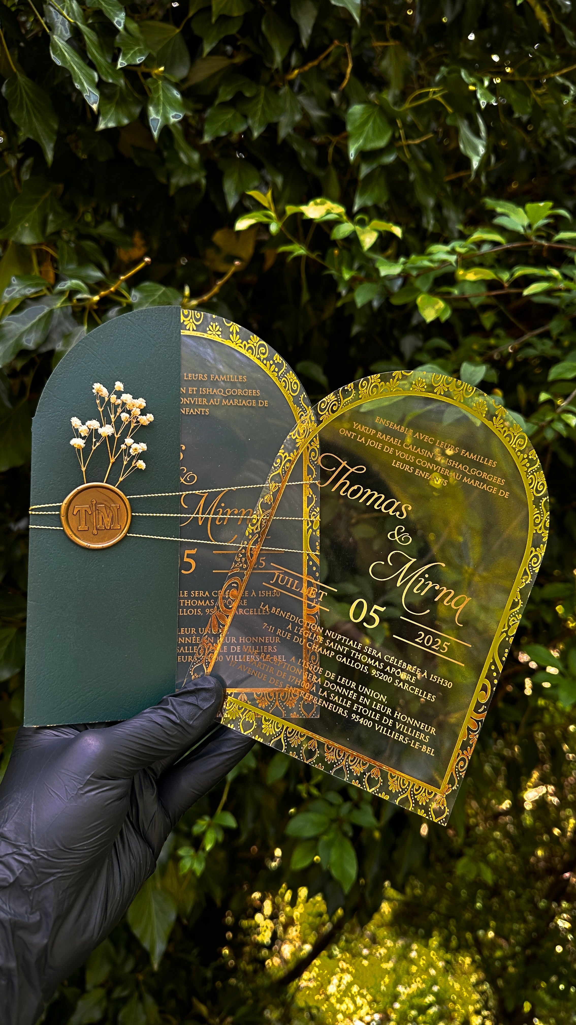 Arch Acrylic Wedding Invitations with Green Envelope, Gold Foil & Wax Seal - LunaInvites