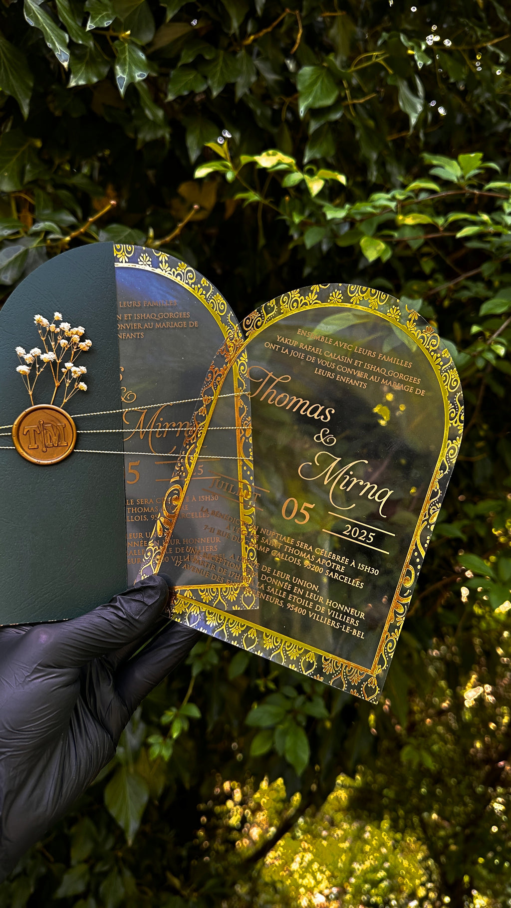 Arch Acrylic Wedding Invitations with Green Envelope, Gold Foil & Wax Seal - LunaInvites
