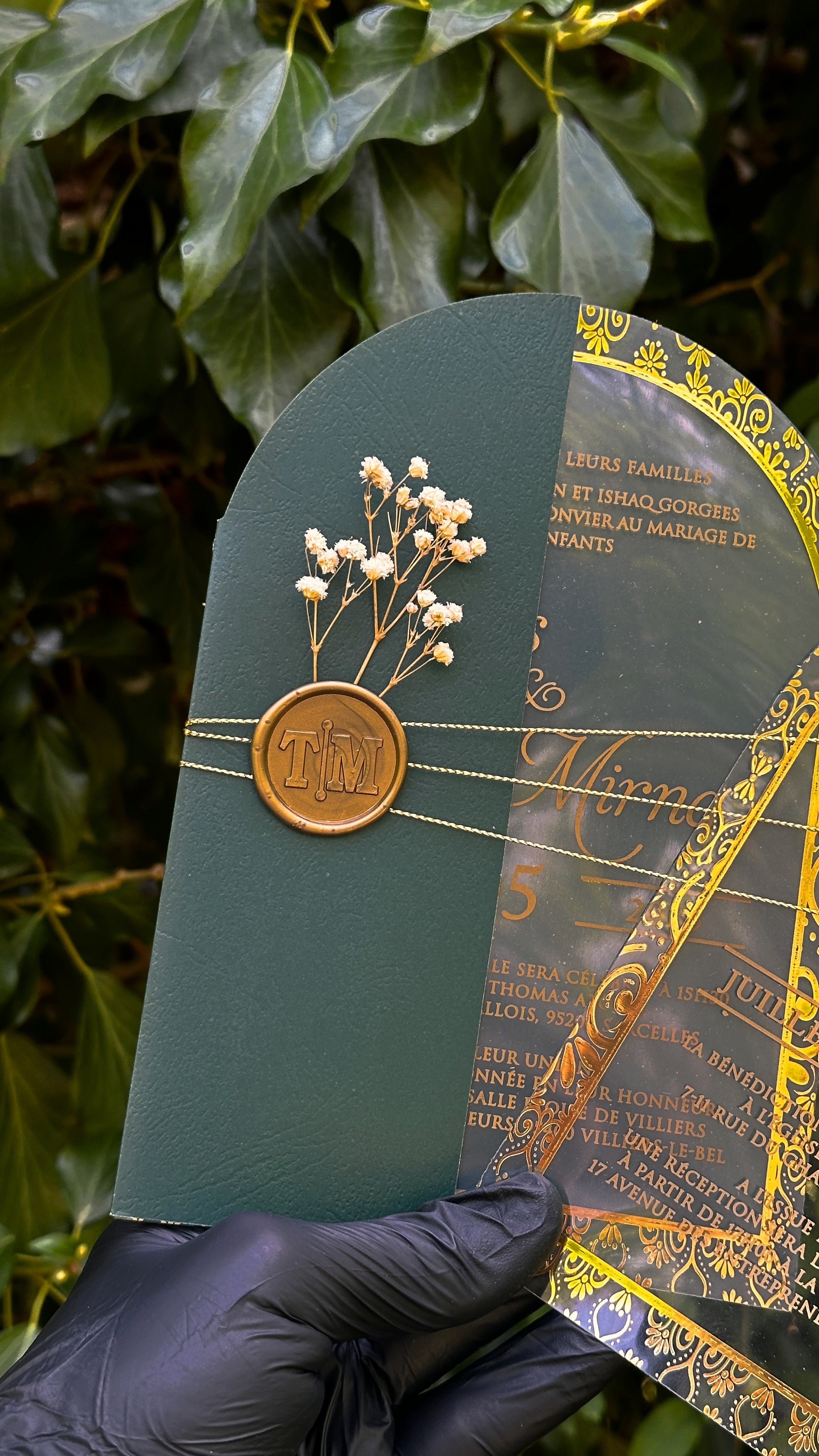Arch Acrylic Wedding Invitations with Green Envelope, Gold Foil & Wax Seal - LunaInvites