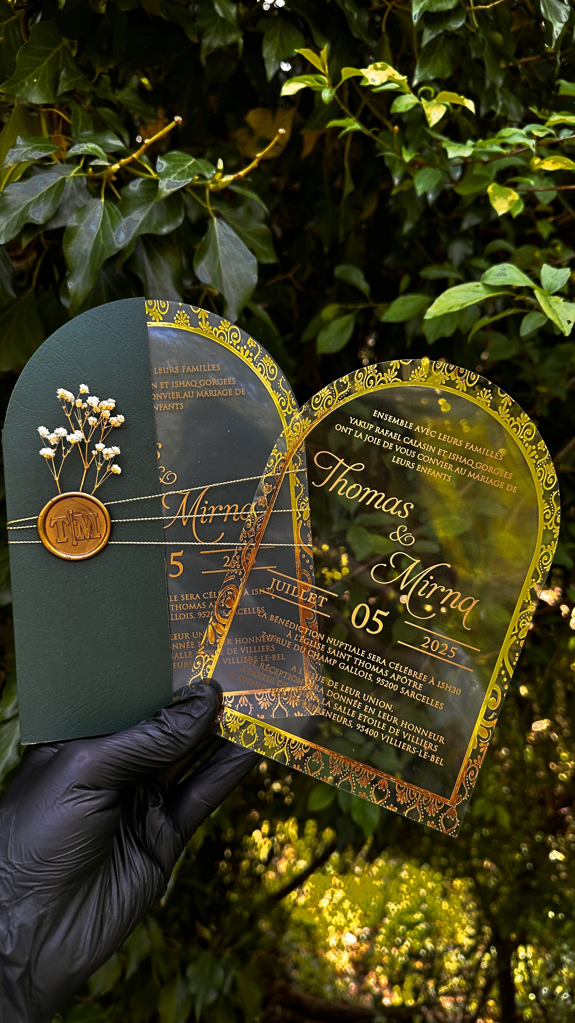 Arch Acrylic Wedding Invitations with Green Envelope, Gold Foil & Wax Seal - LunaInvites