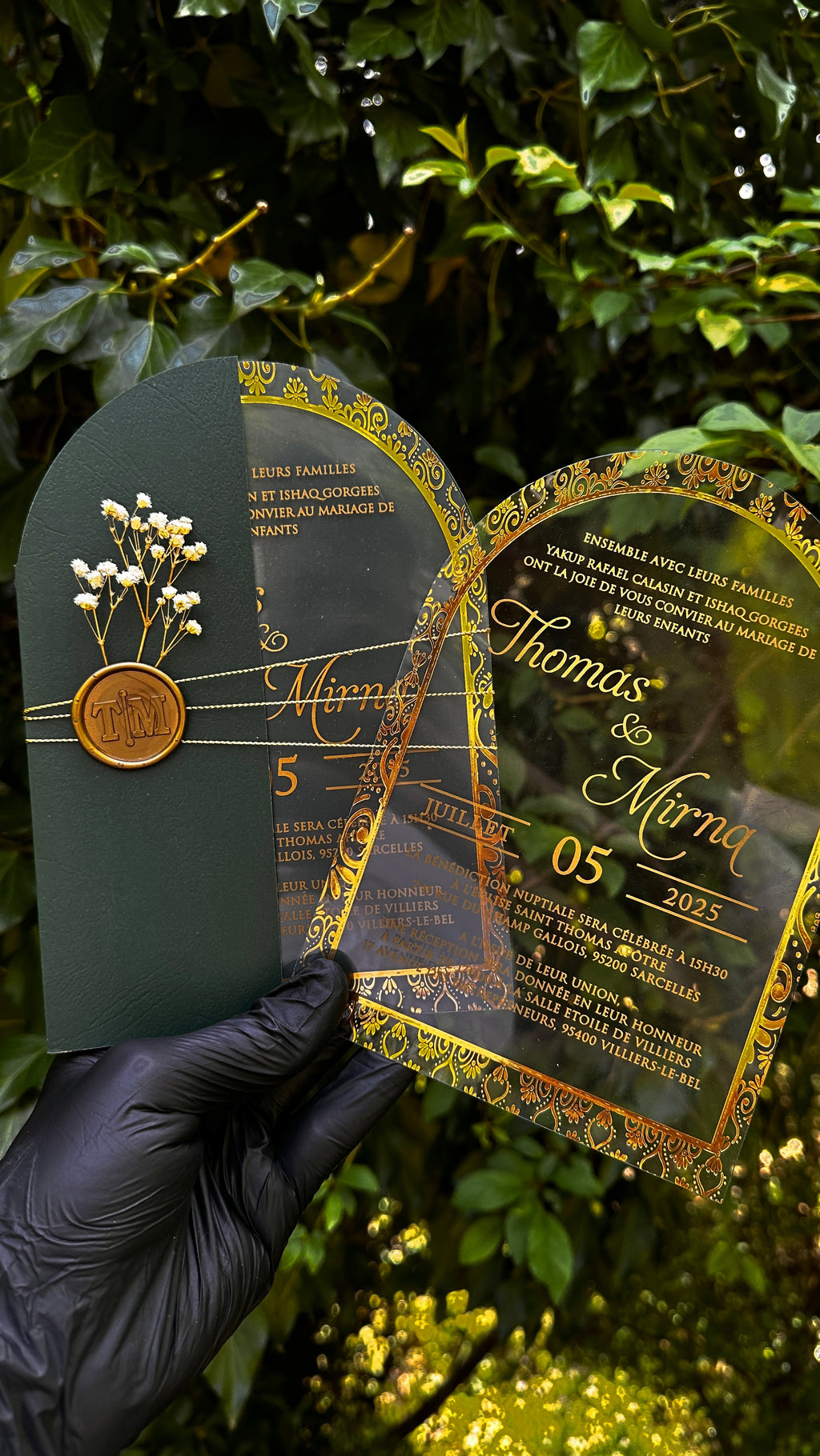 Arch Acrylic Wedding Invitations with Green Envelope, Gold Foil & Wax Seal - LunaInvites