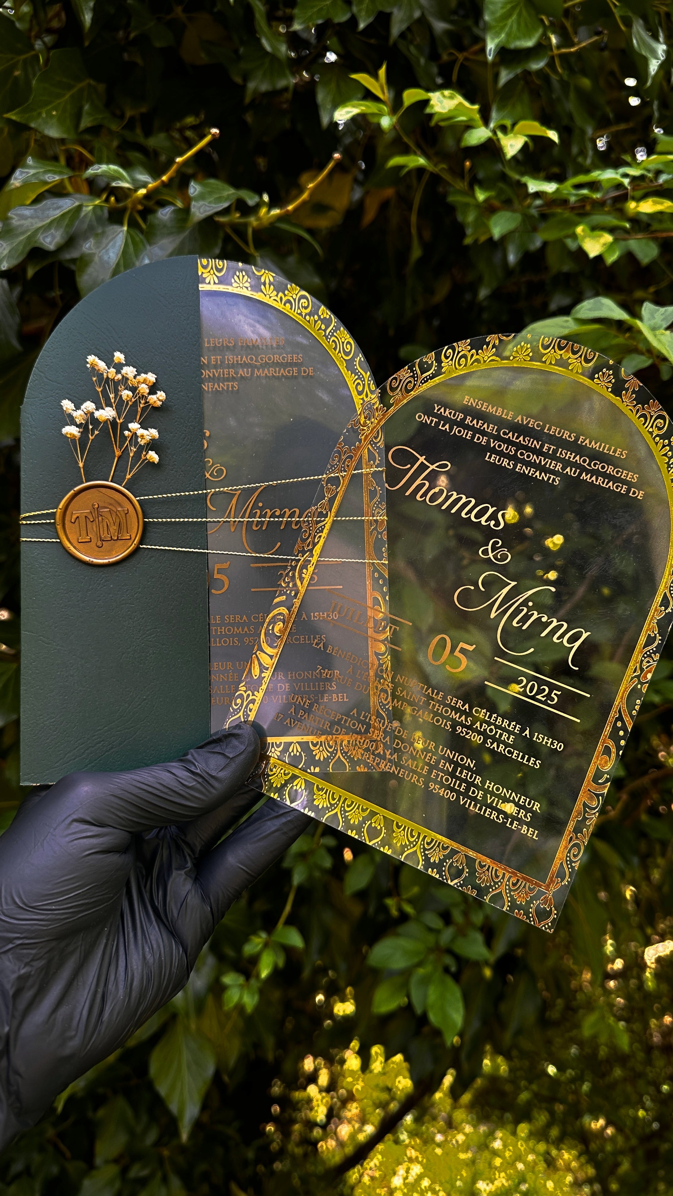 Arch Acrylic Wedding Invitations with Green Envelope, Gold Foil & Wax Seal - LunaInvites