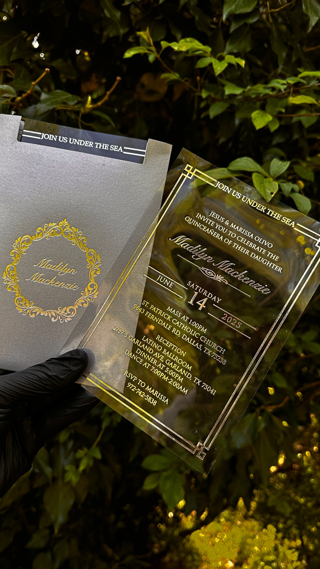 Clear Acrylic Quinceañera Invitations with Gray Glossy Envelope & Silver Foil - LunaInvites