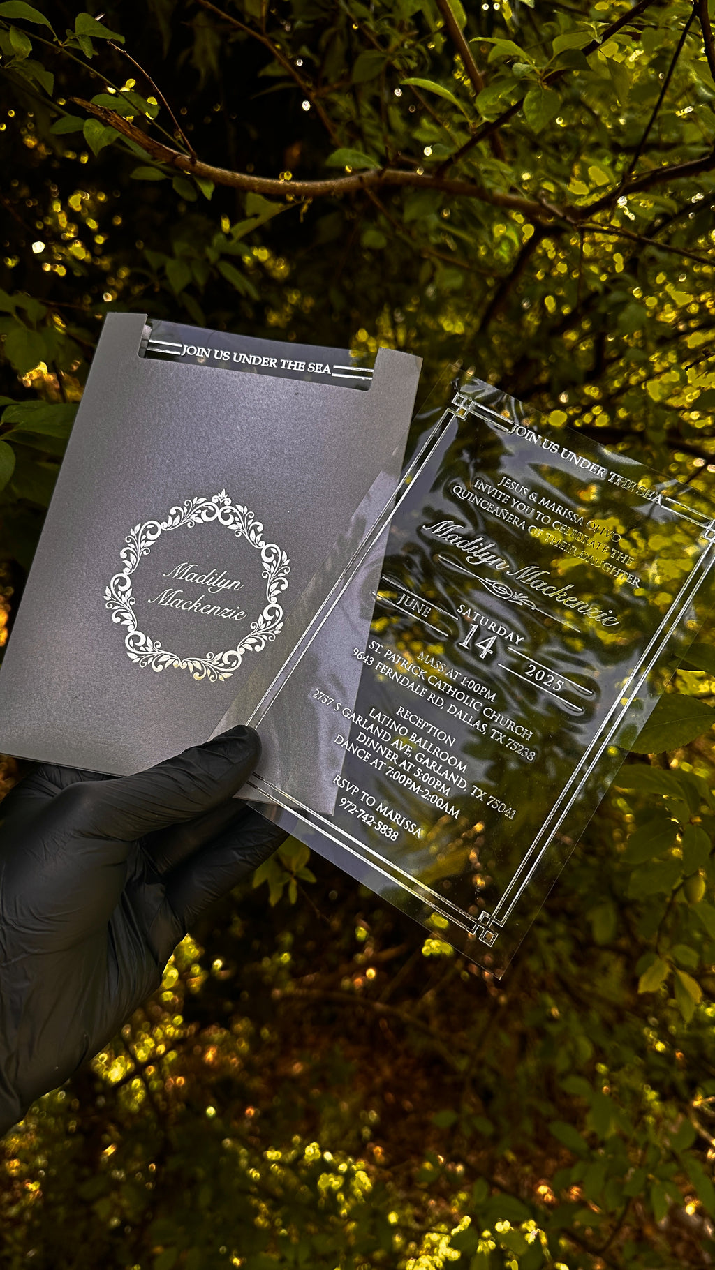 Clear Acrylic Quinceañera Invitations with Gray Glossy Envelope & Silver Foil - LunaInvites