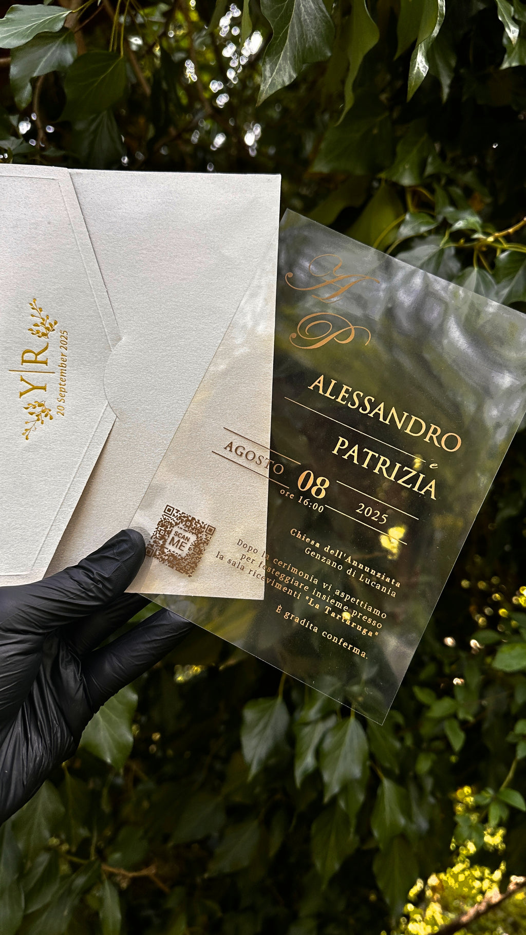 Clear Acrylic Wedding Invitations with Gold Foil & Cream Envelope - LunaInvites