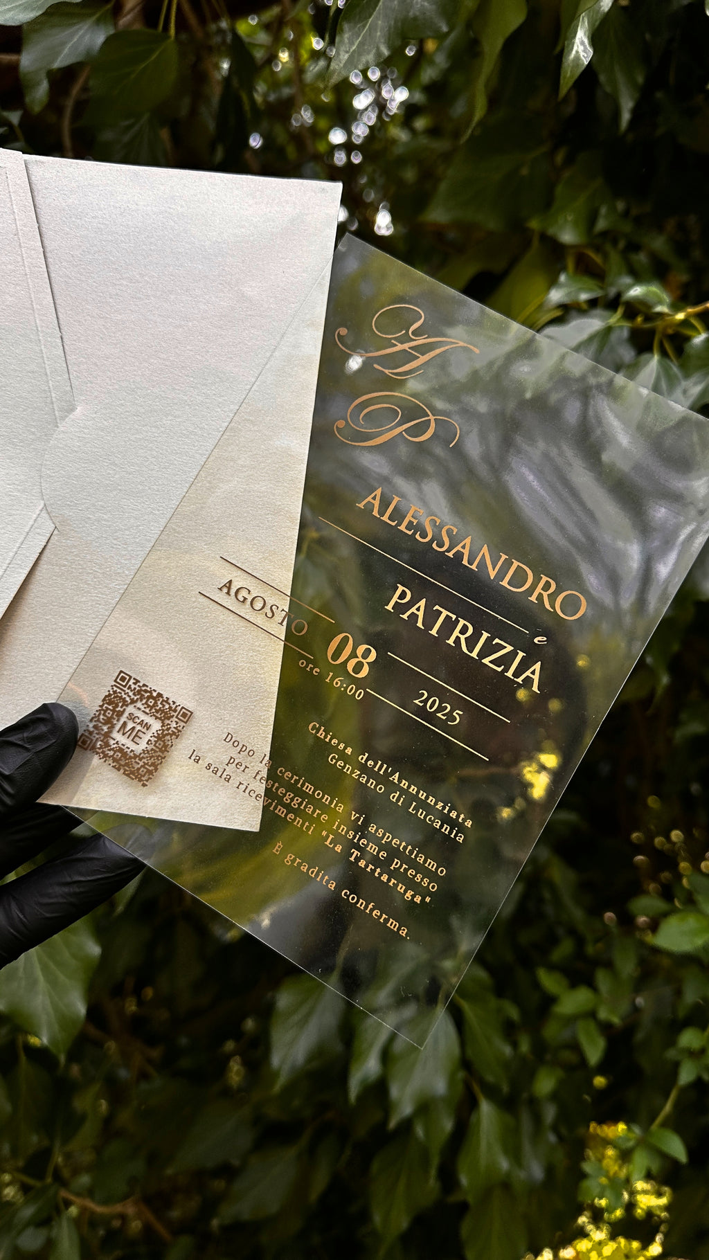 Clear Acrylic Wedding Invitations with Gold Foil & Cream Envelope - LunaInvites