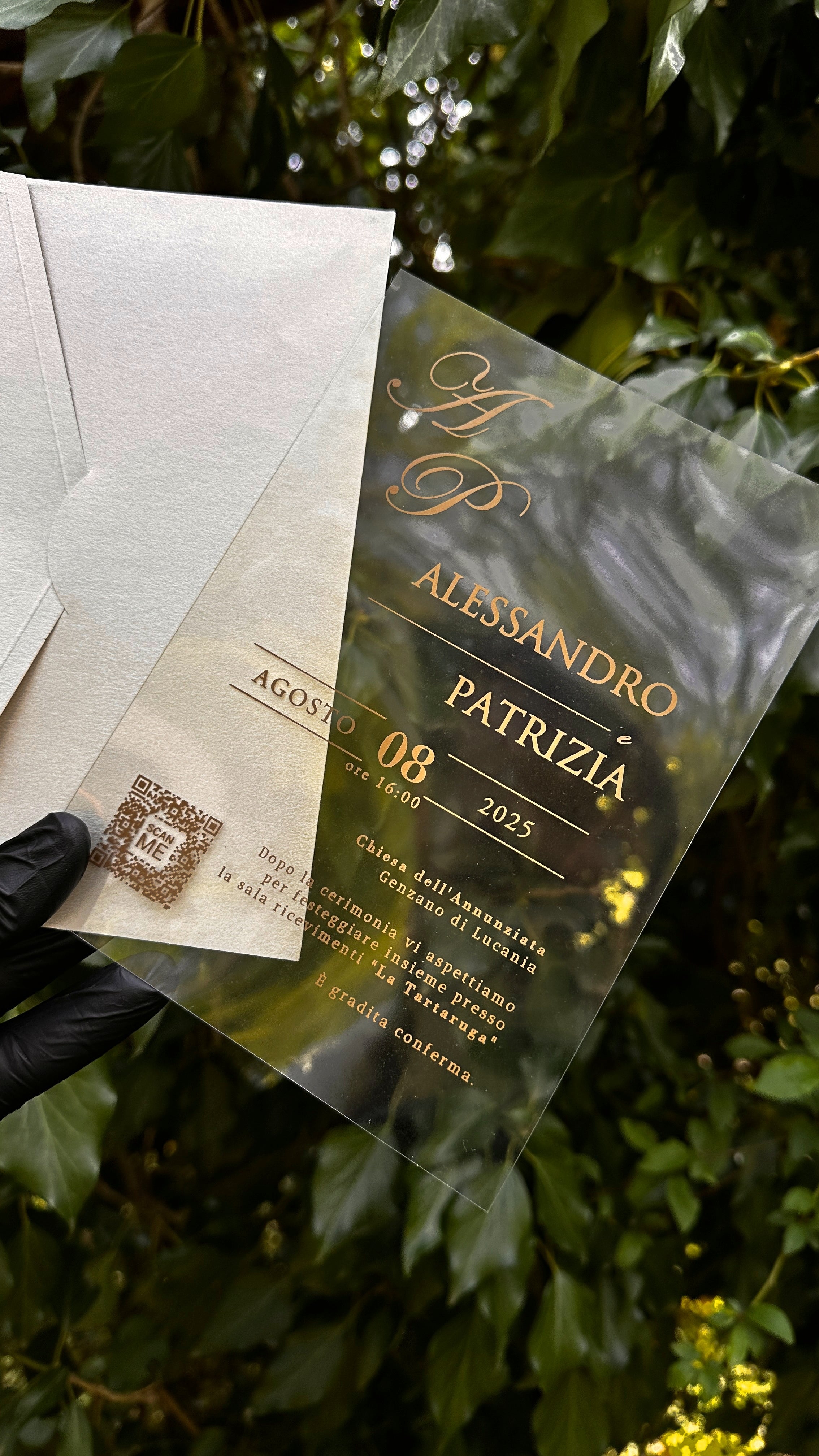 Clear Acrylic Wedding Invitations with Gold Foil & Cream Envelope - LunaInvites