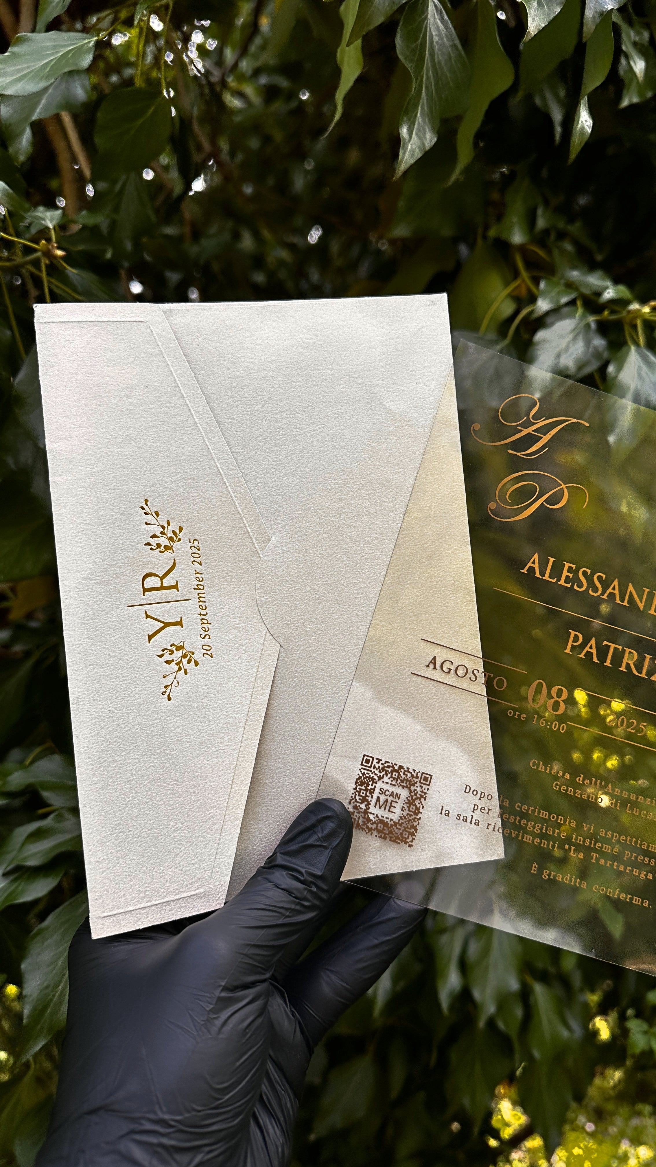 Clear Acrylic Wedding Invitations with Gold Foil & Cream Envelope - LunaInvites