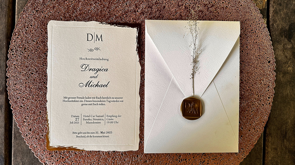 Classic Wedding Invitations with Gold Edge & Dried Flower - LunaInvites