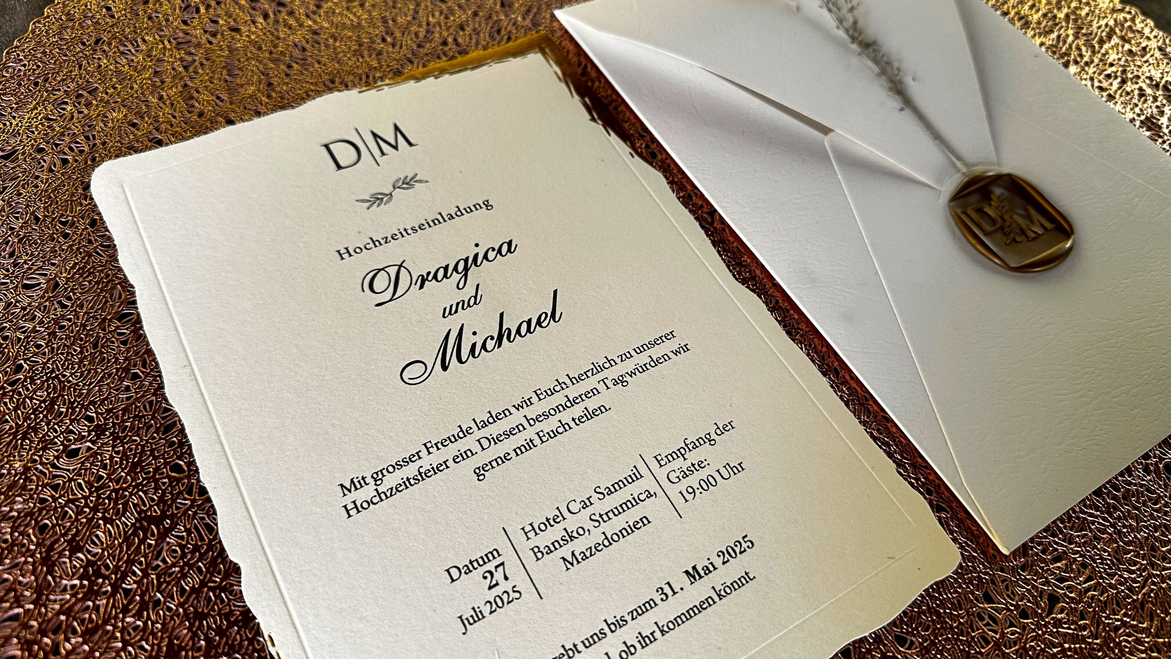 Classic Wedding Invitations with Gold Edge & Dried Flower - LunaInvites