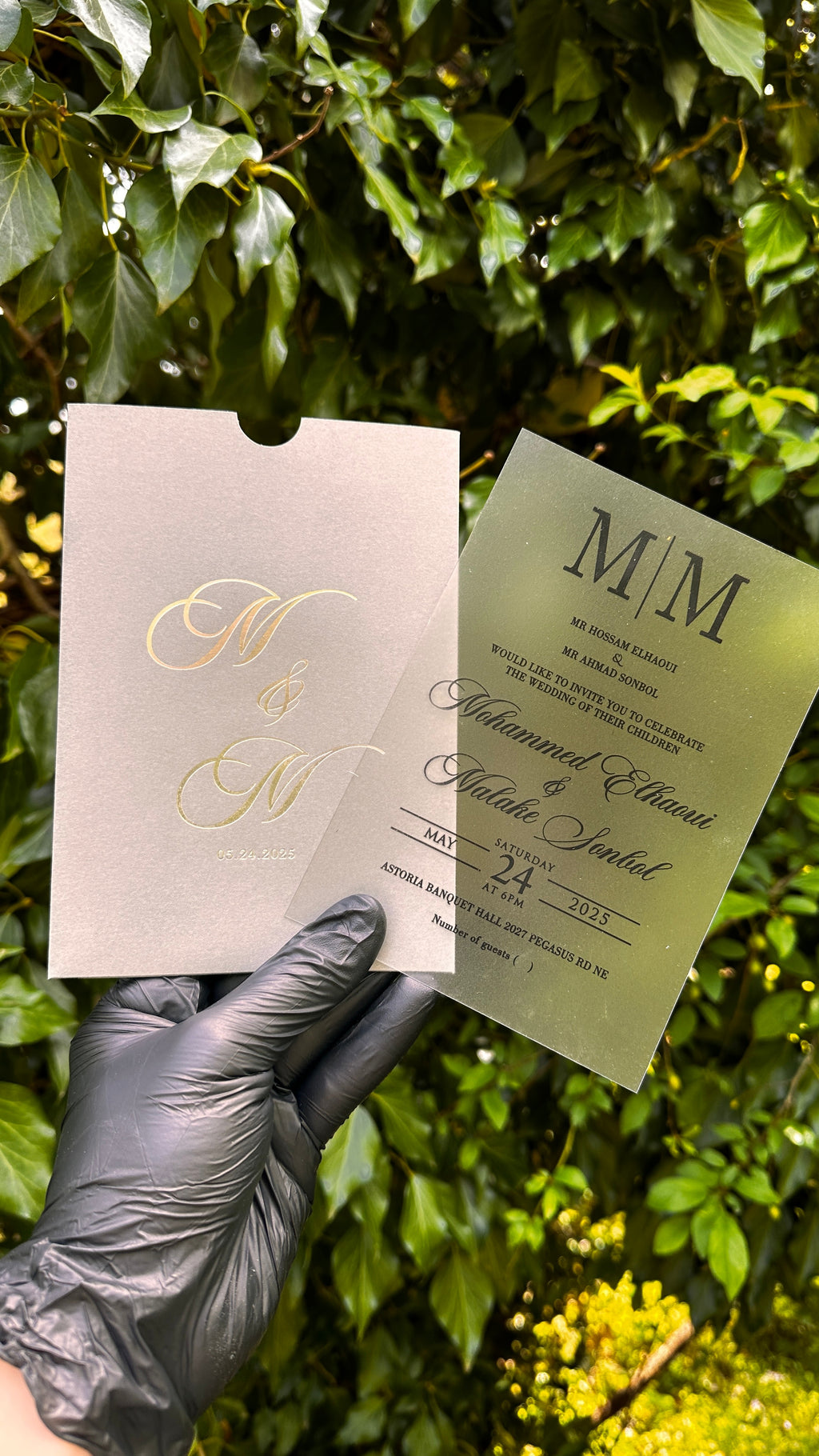 Acrylic Wedding Invitations – Matte Clear Card with Black Print & Gray Envelope - LunaInvites