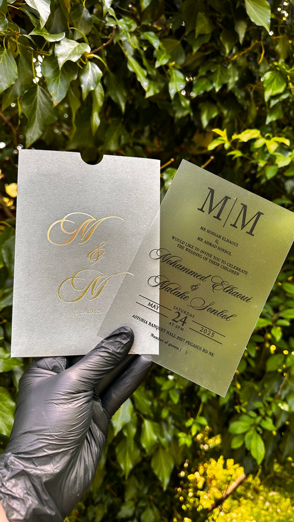 Acrylic Wedding Invitations – Matte Clear Card with Black Print & Gray Envelope - LunaInvites