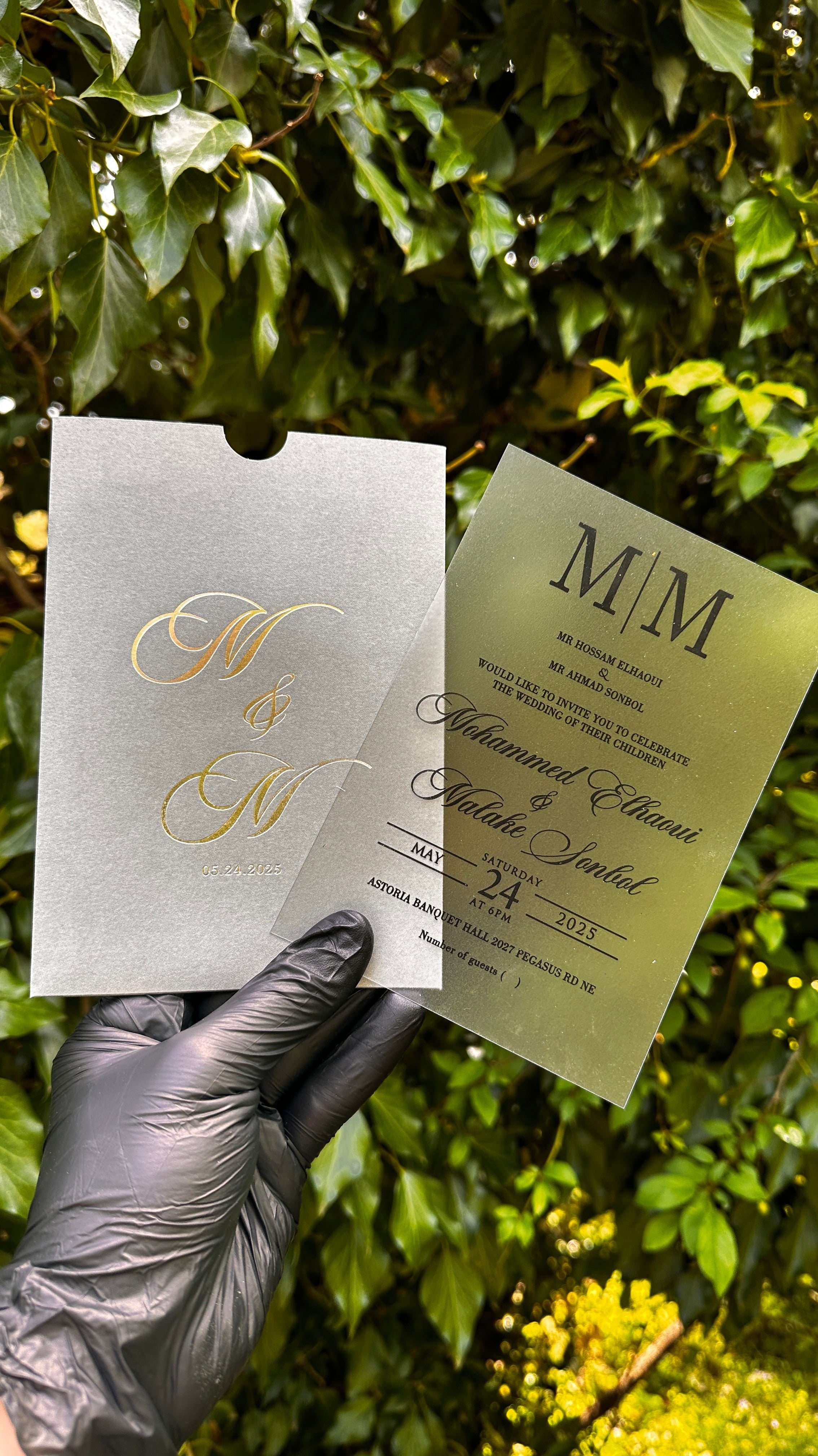 Acrylic Wedding Invitations – Matte Clear Card with Black Print & Gray Envelope - LunaInvites