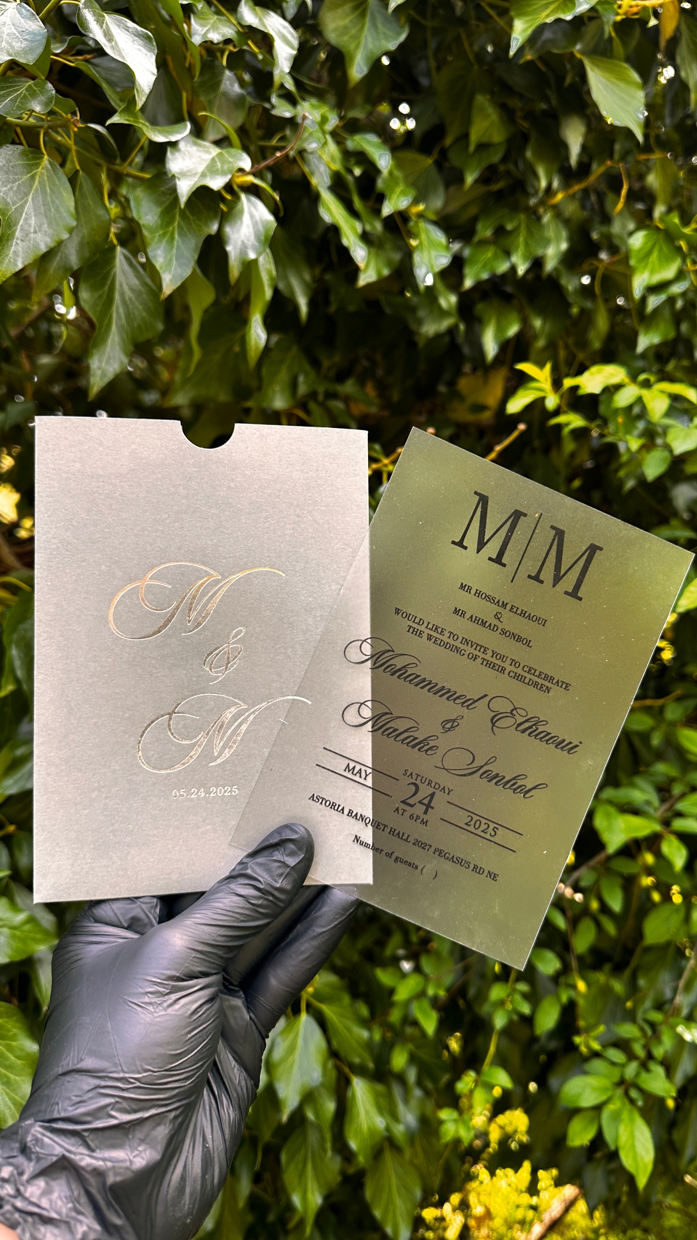 Acrylic Wedding Invitations – Matte Clear Card with Black Print & Gray Envelope - LunaInvites