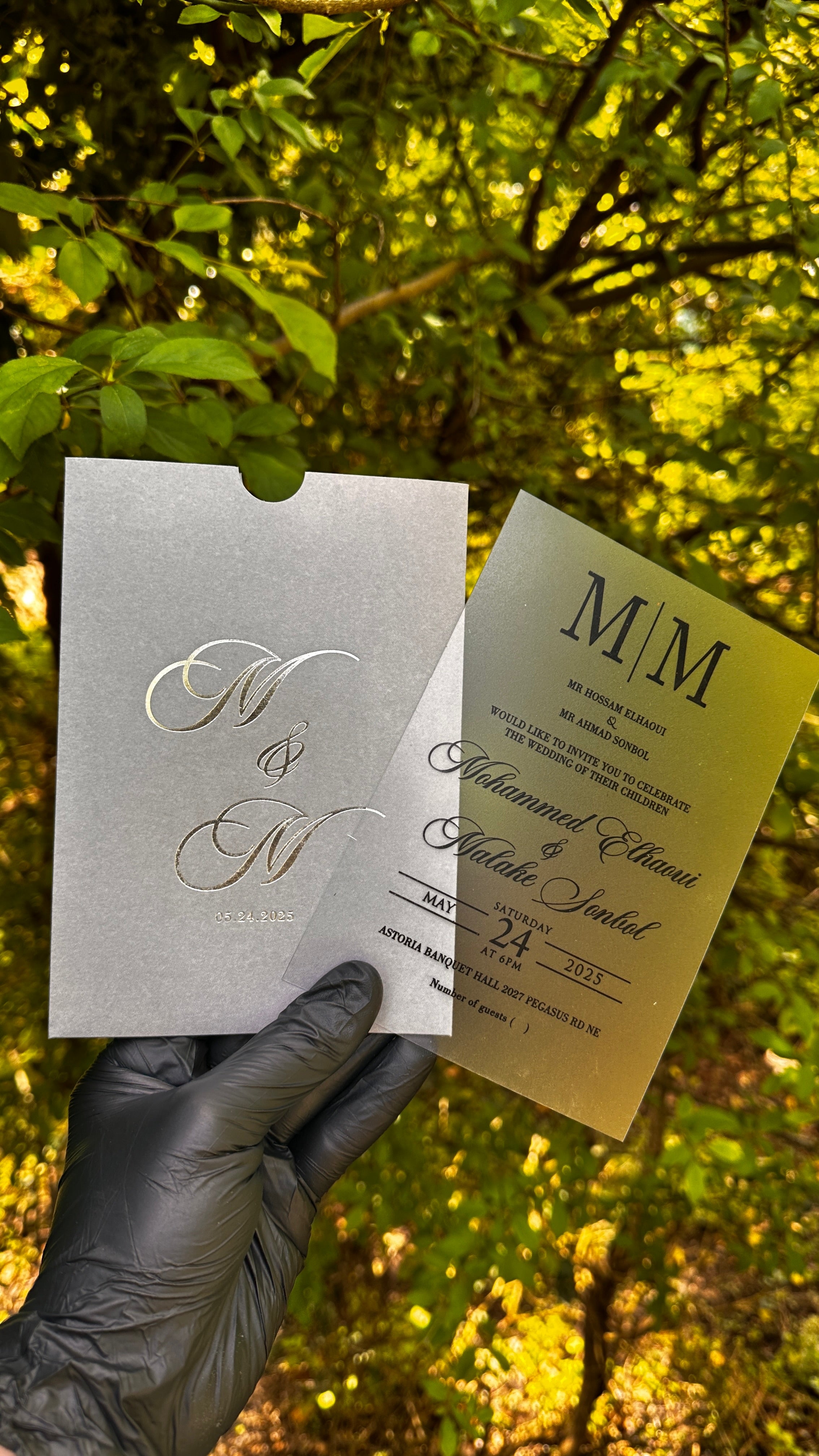 Acrylic Wedding Invitations – Matte Clear Card with Black Print & Gray Envelope - LunaInvites