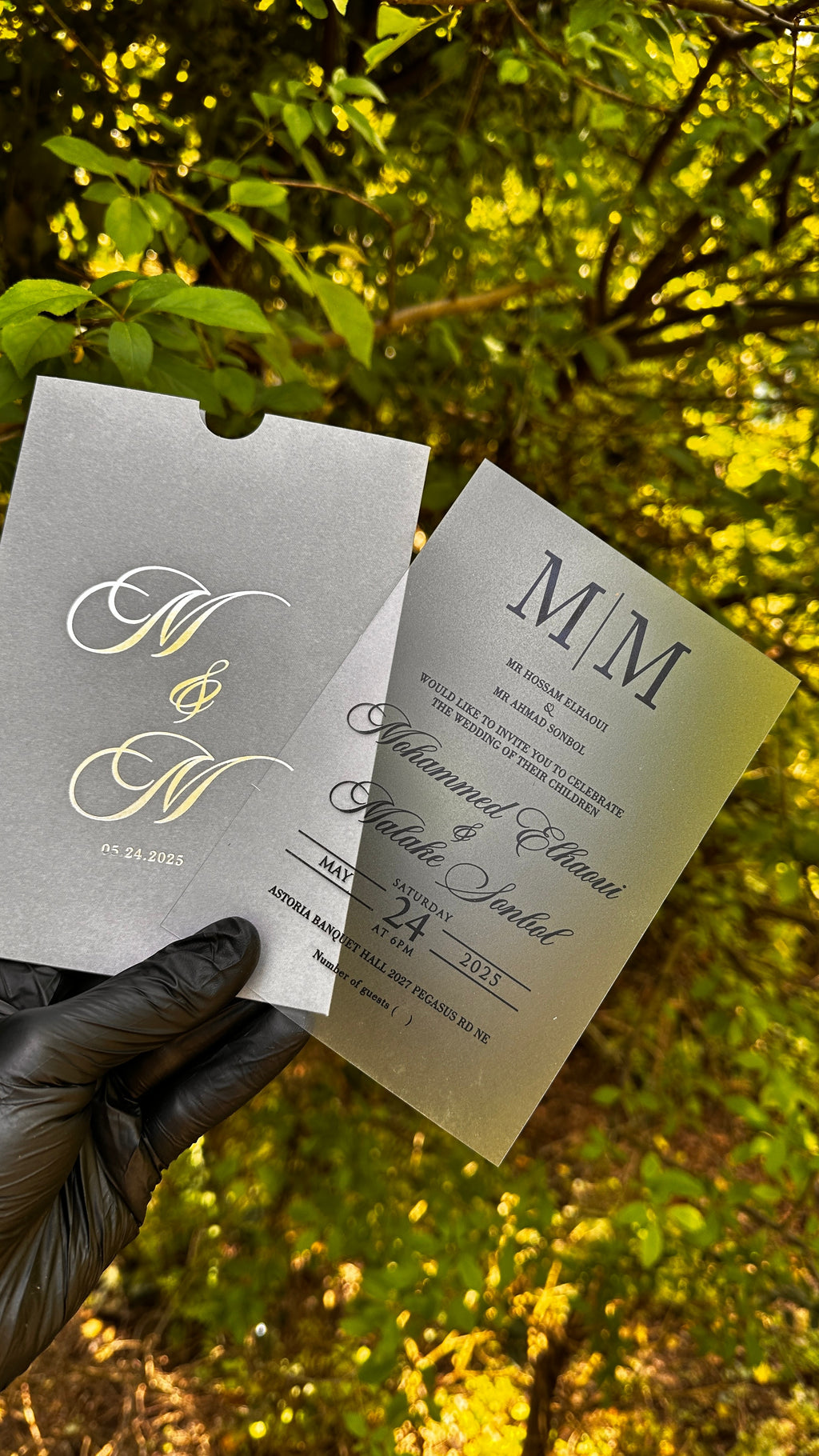 Acrylic Wedding Invitations – Matte Clear Card with Black Print & Gray Envelope - LunaInvites