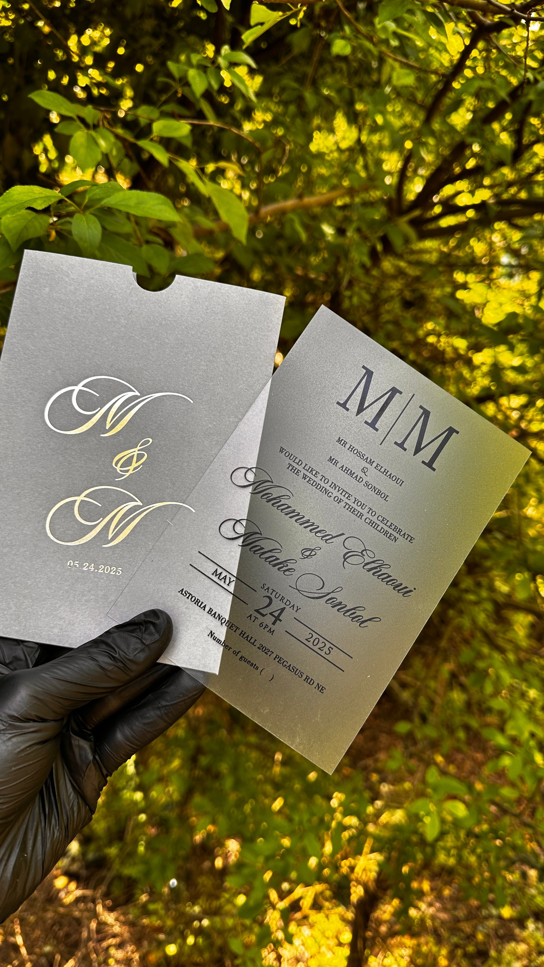 Acrylic Wedding Invitations – Matte Clear Card with Black Print & Gray Envelope - LunaInvites