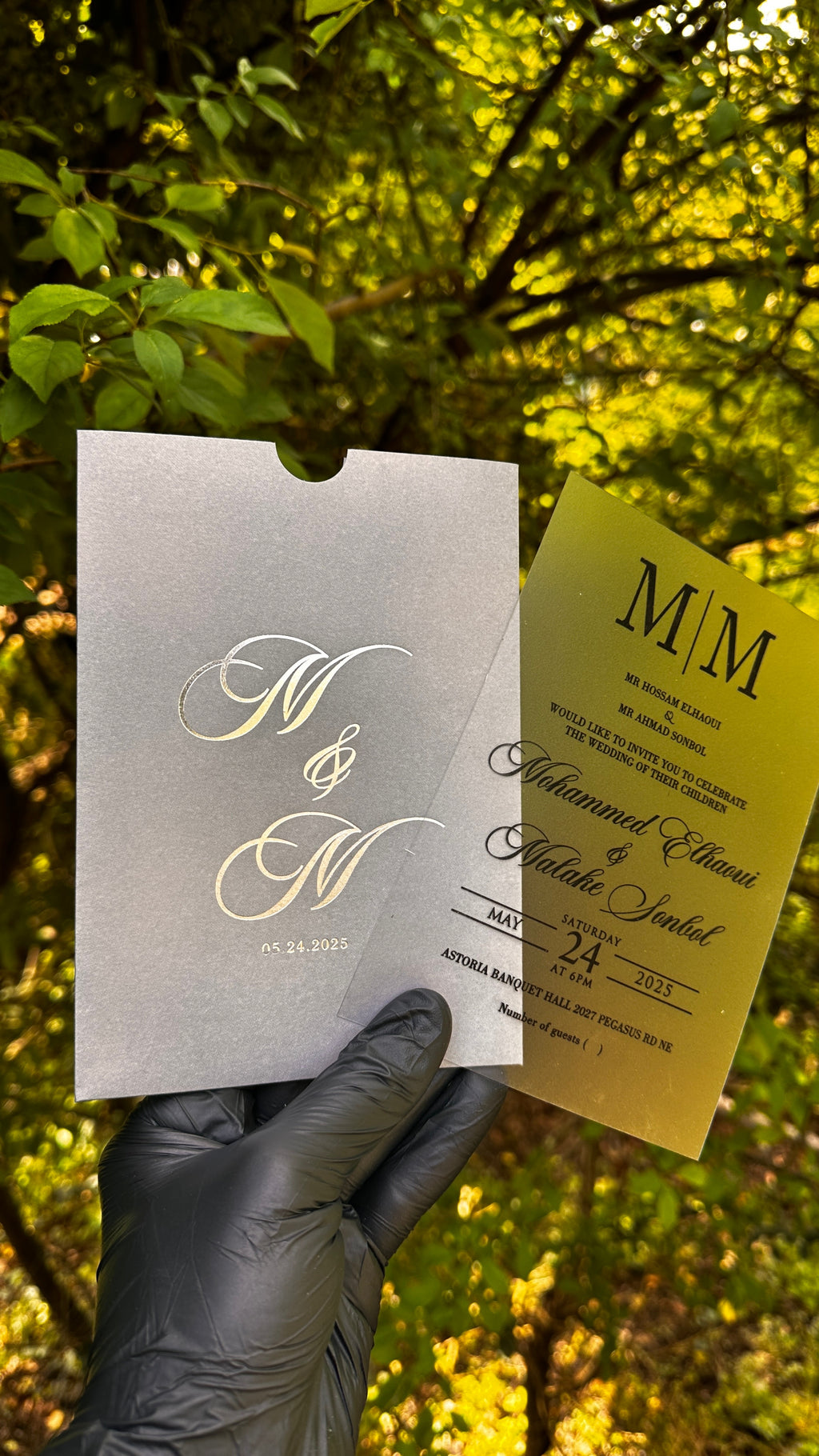 Acrylic Wedding Invitations – Matte Clear Card with Black Print & Gray Envelope - LunaInvites