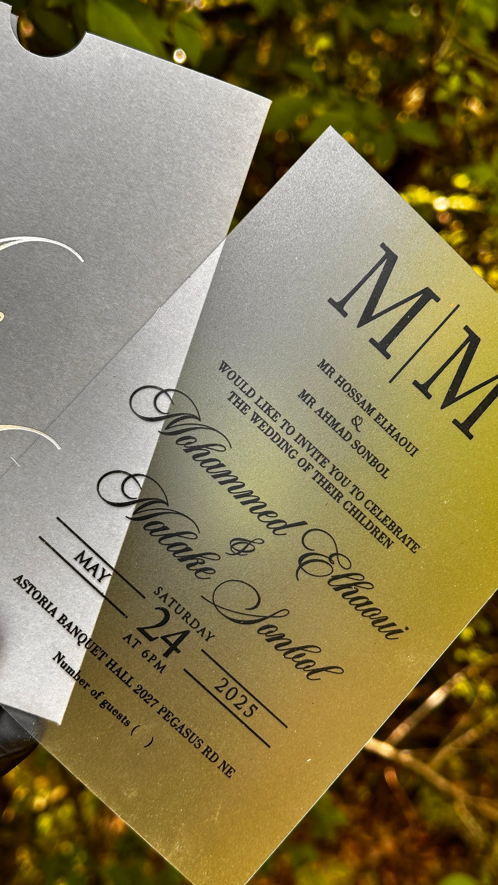 Acrylic Wedding Invitations – Matte Clear Card with Black Print & Gray Envelope - LunaInvites