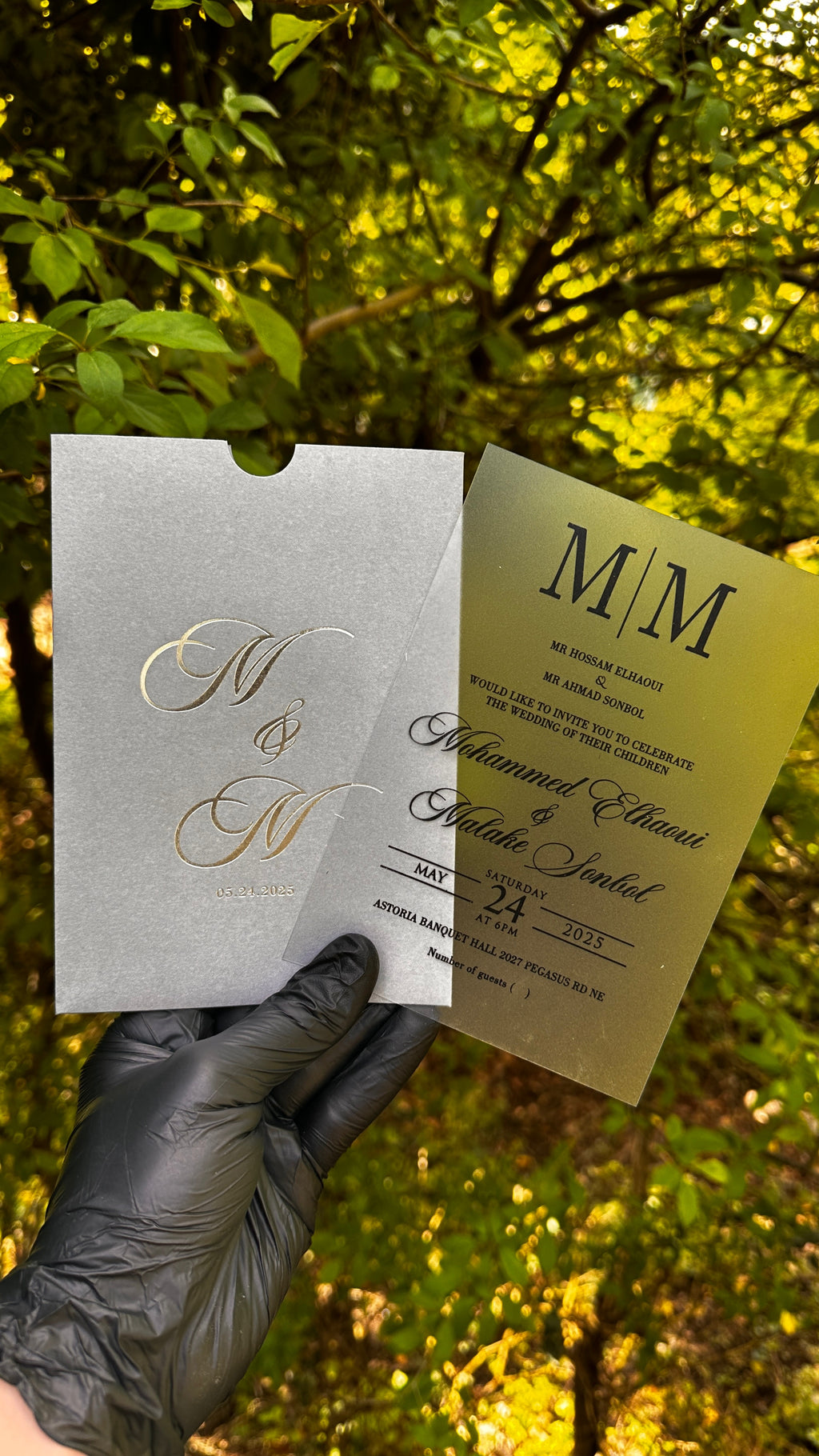 Acrylic Wedding Invitations – Matte Clear Card with Black Print & Gray Envelope - LunaInvites